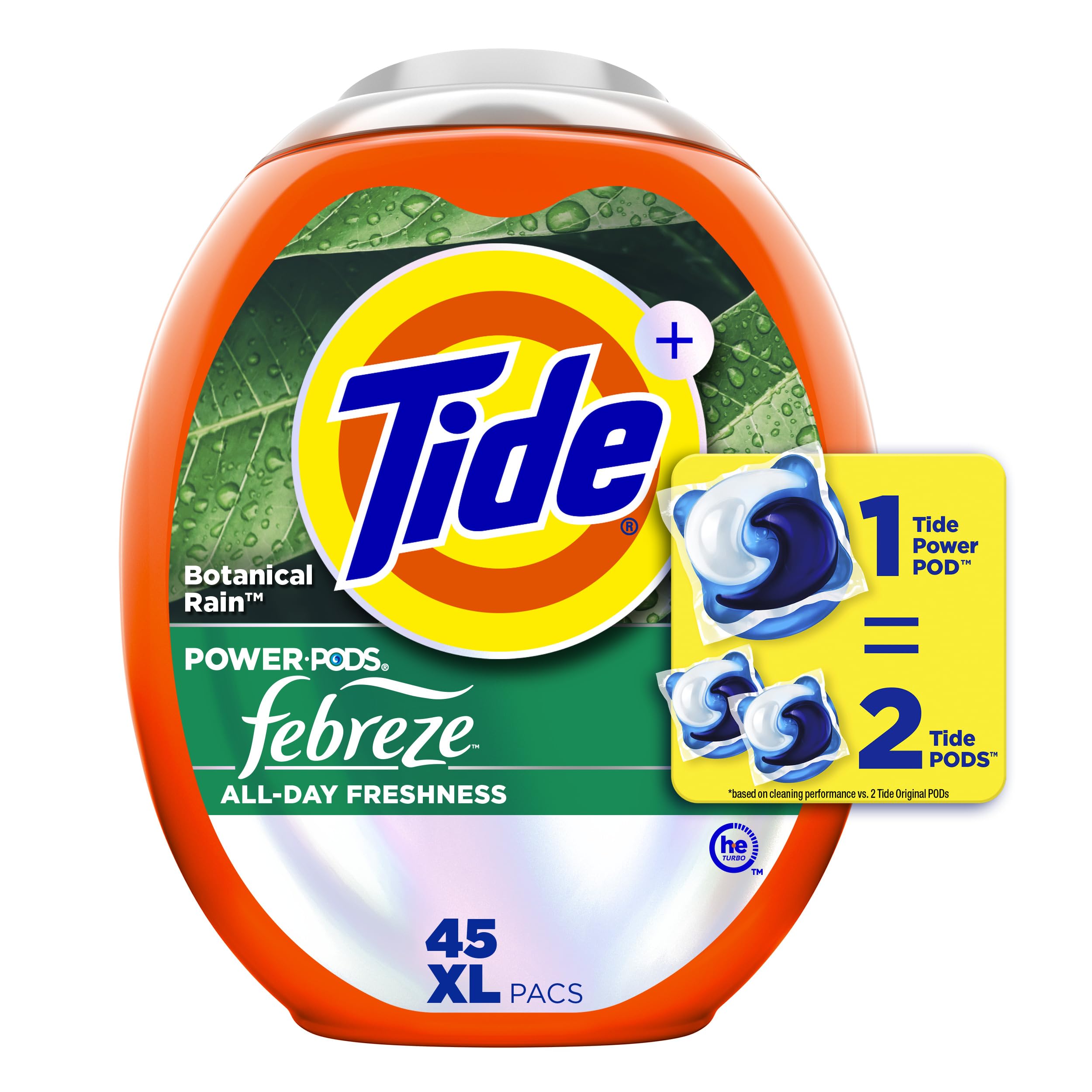 Tide Power Pods Botanical Rain close-up highlighting 4-in-1 cleaning for fresh clothes
