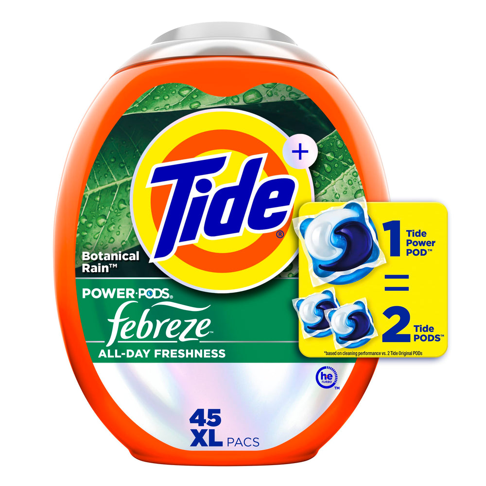 Tide Power Pods Botanical Rain close-up highlighting 4-in-1 cleaning for fresh clothes