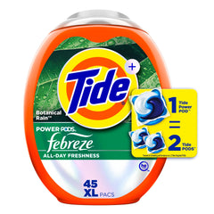 Tide Power Pods Botanical Rain close-up highlighting 4-in-1 cleaning for fresh clothes