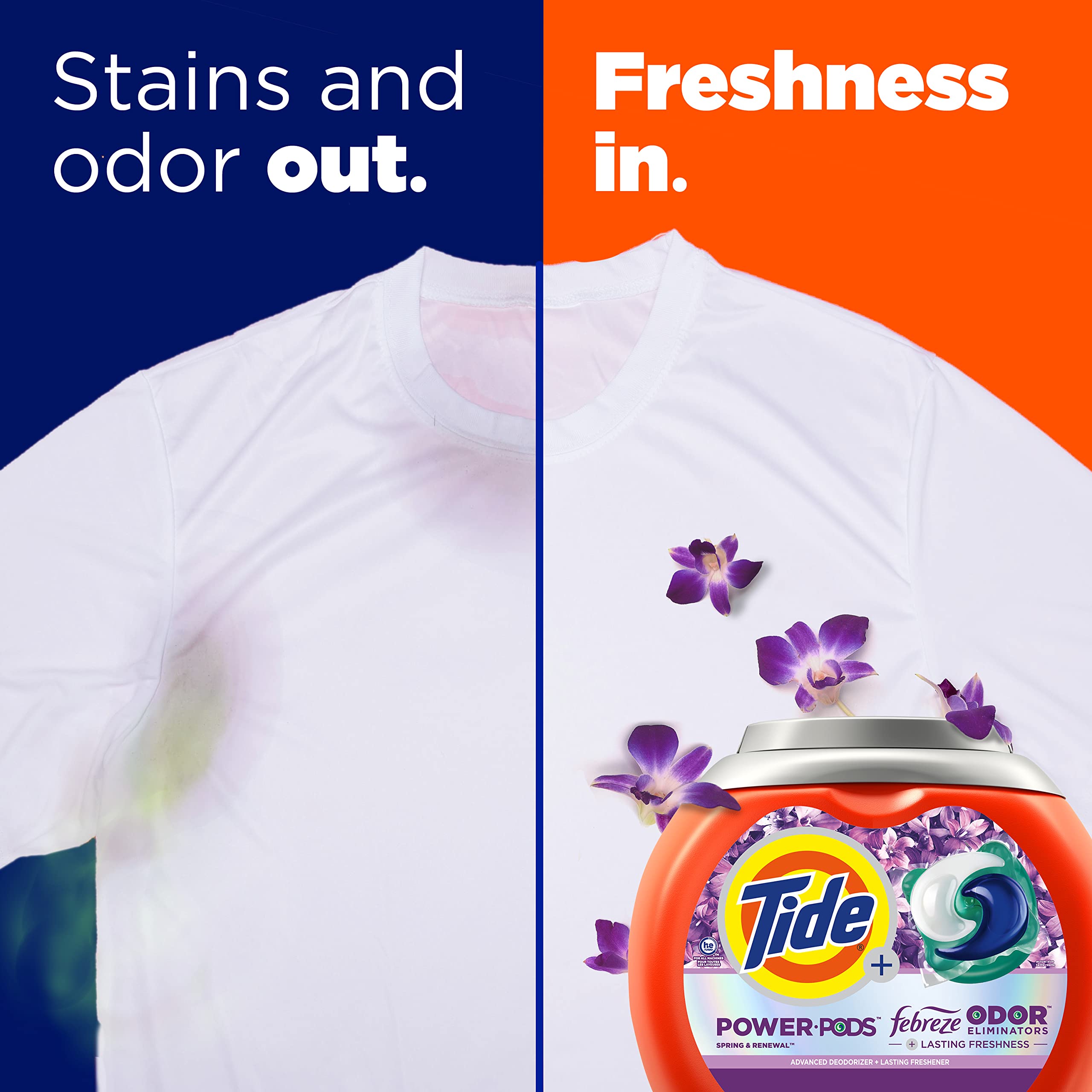 Close-up of Tide Power Pods Febreze odor eliminators highlighting odor protection