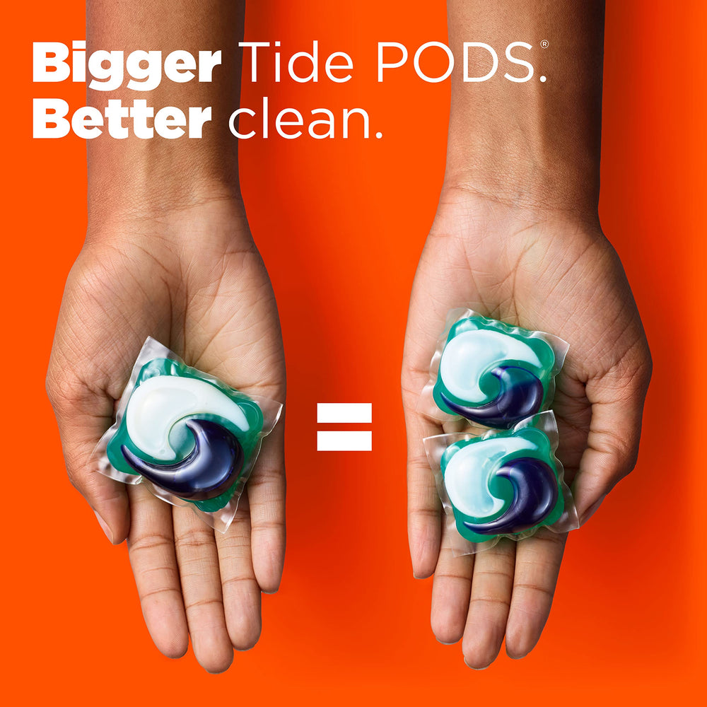 Tide Power Pods close-up showing 4-in-1 formula and balance of freshness.