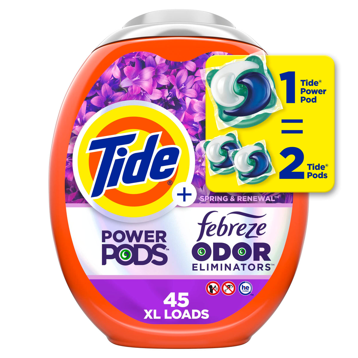 Tide Power Pods with Febreze Spring & Renewal pack front showing all-in-one cleaning and freshness