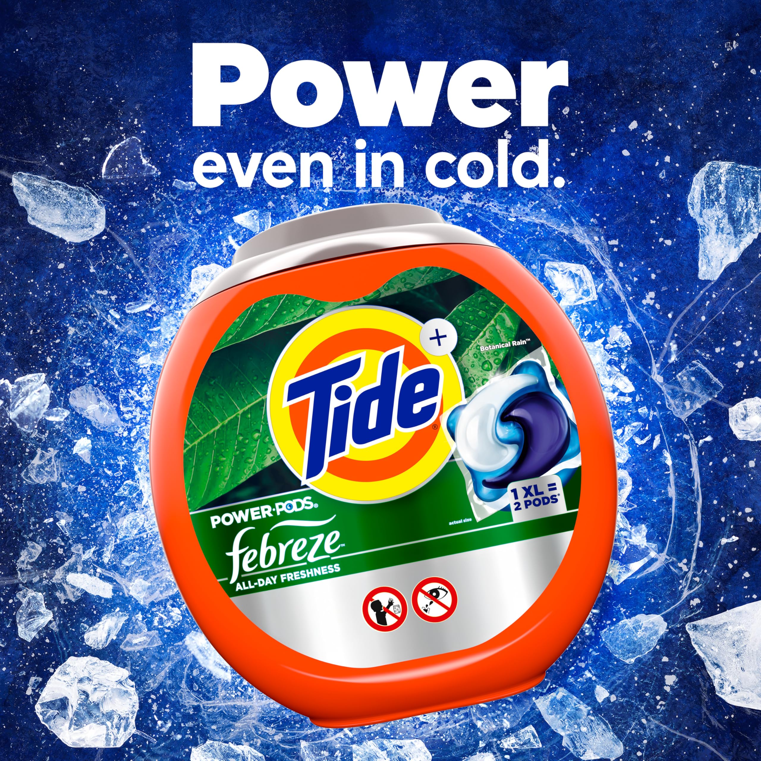 Tide Power Pods 4-in-1 technology graphic emphasizing detergent, odor elimination, stain removal, freshness