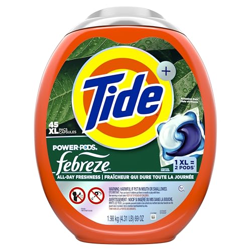 Tide Power Pods 45-count package in a tidy laundry area