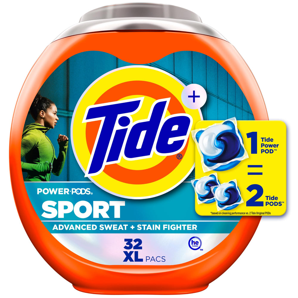 Tide Power Pods Sport packaging close-up showing powerful cleaning action