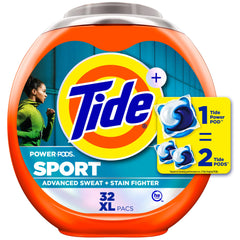 Tide Power Pods Sport packaging close-up showing powerful cleaning action