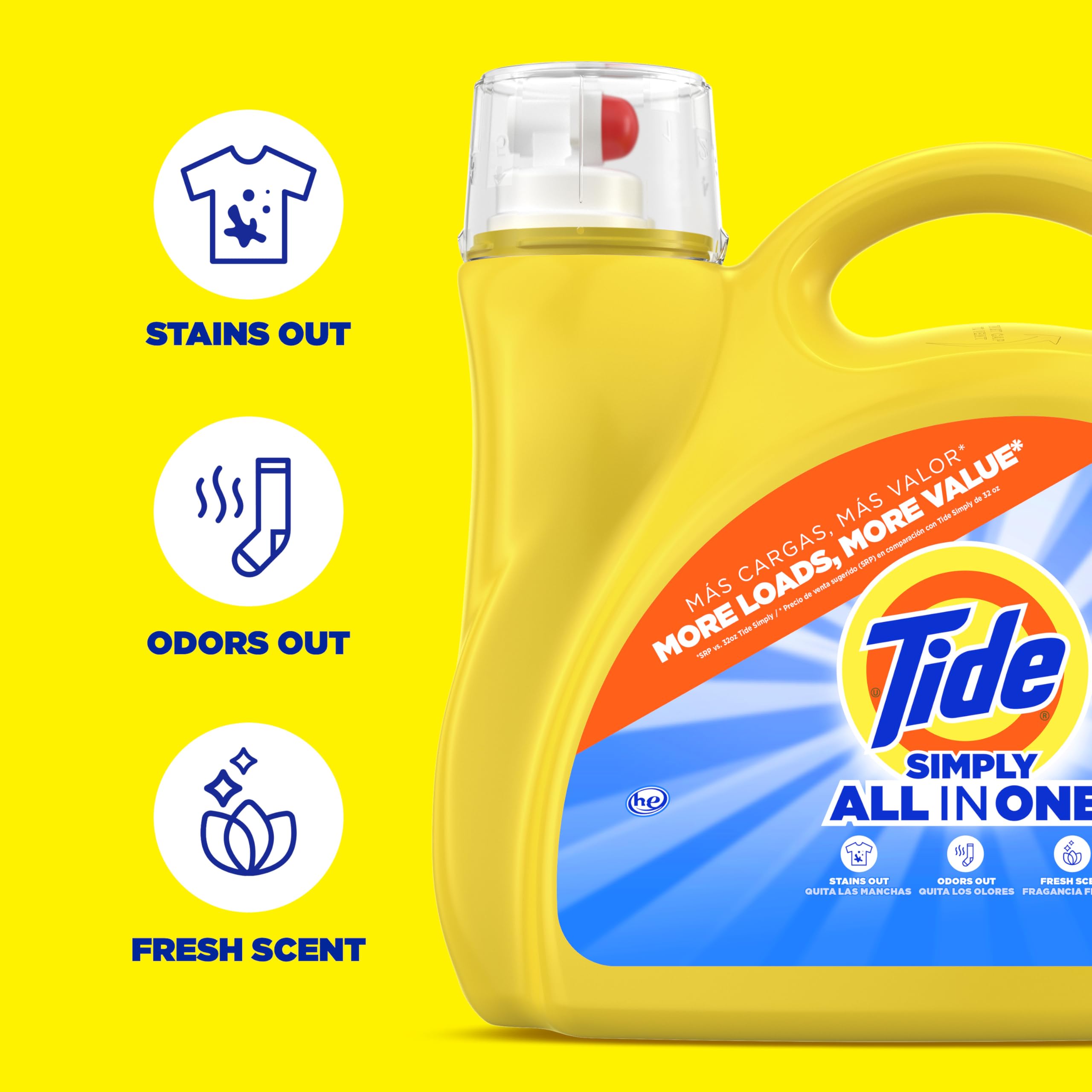 Tide Simply All-In-One cap closeup demonstrates easy pour for convenient dosing.