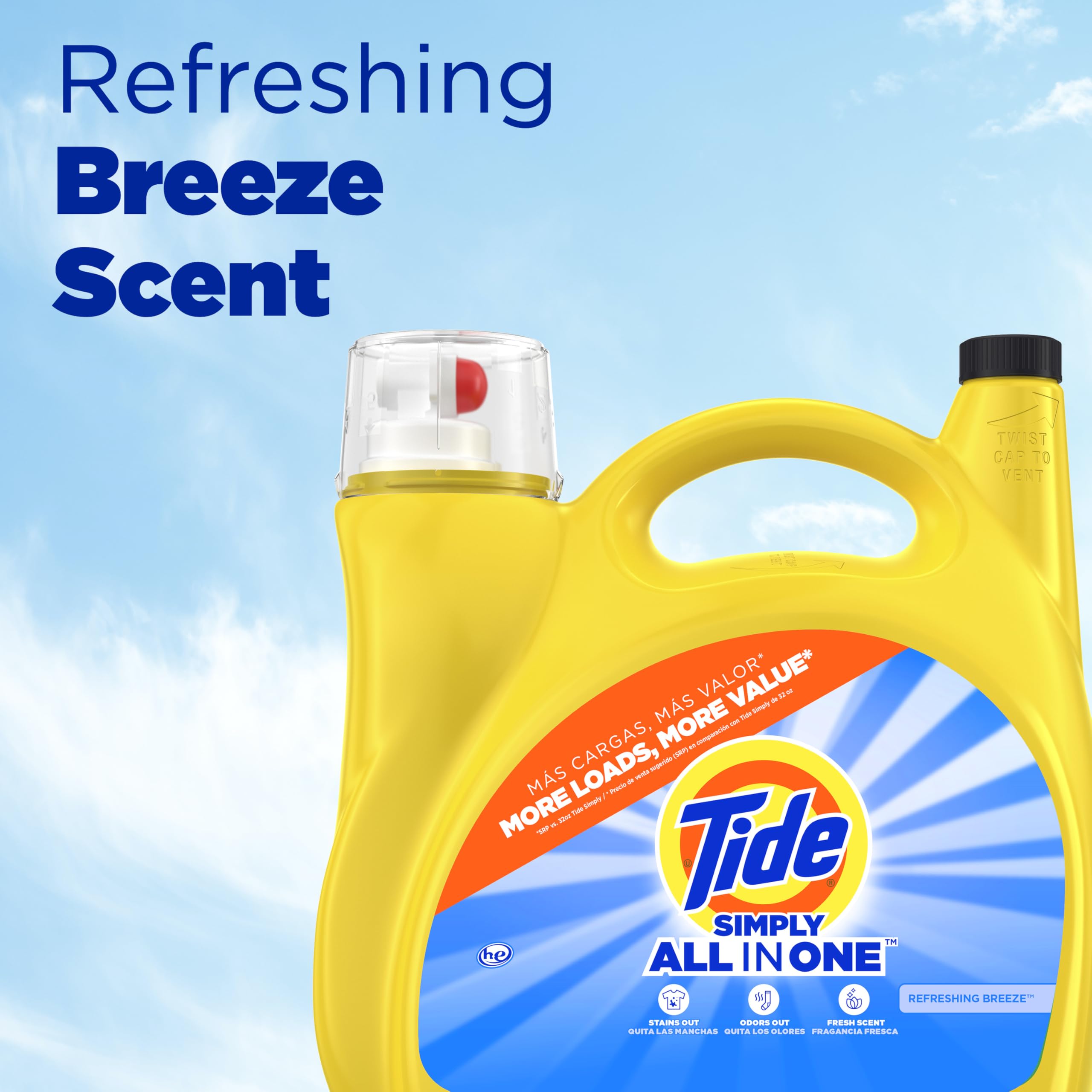 Tide Simply All-In-One label closeup highlights a clean formula for everyday use.