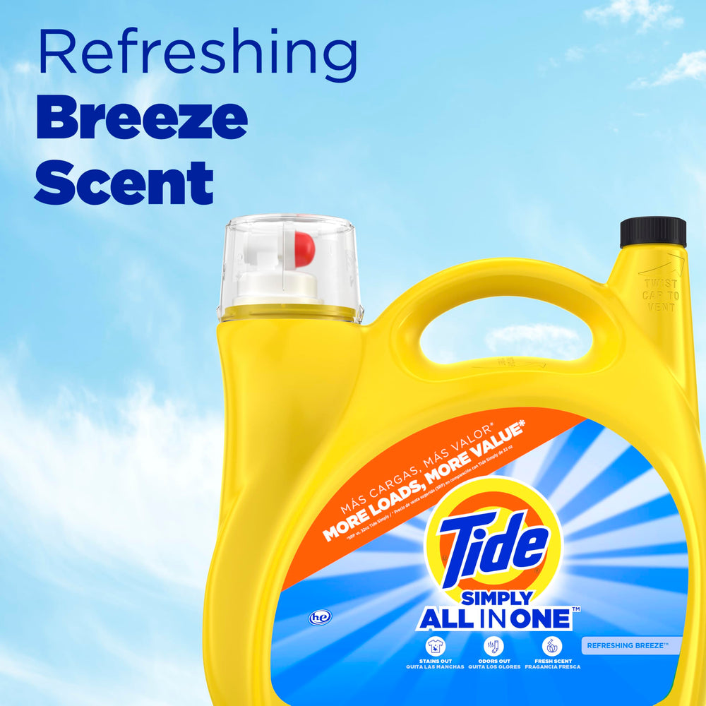 Tide Simply All-In-One label closeup highlights a clean formula for everyday use.