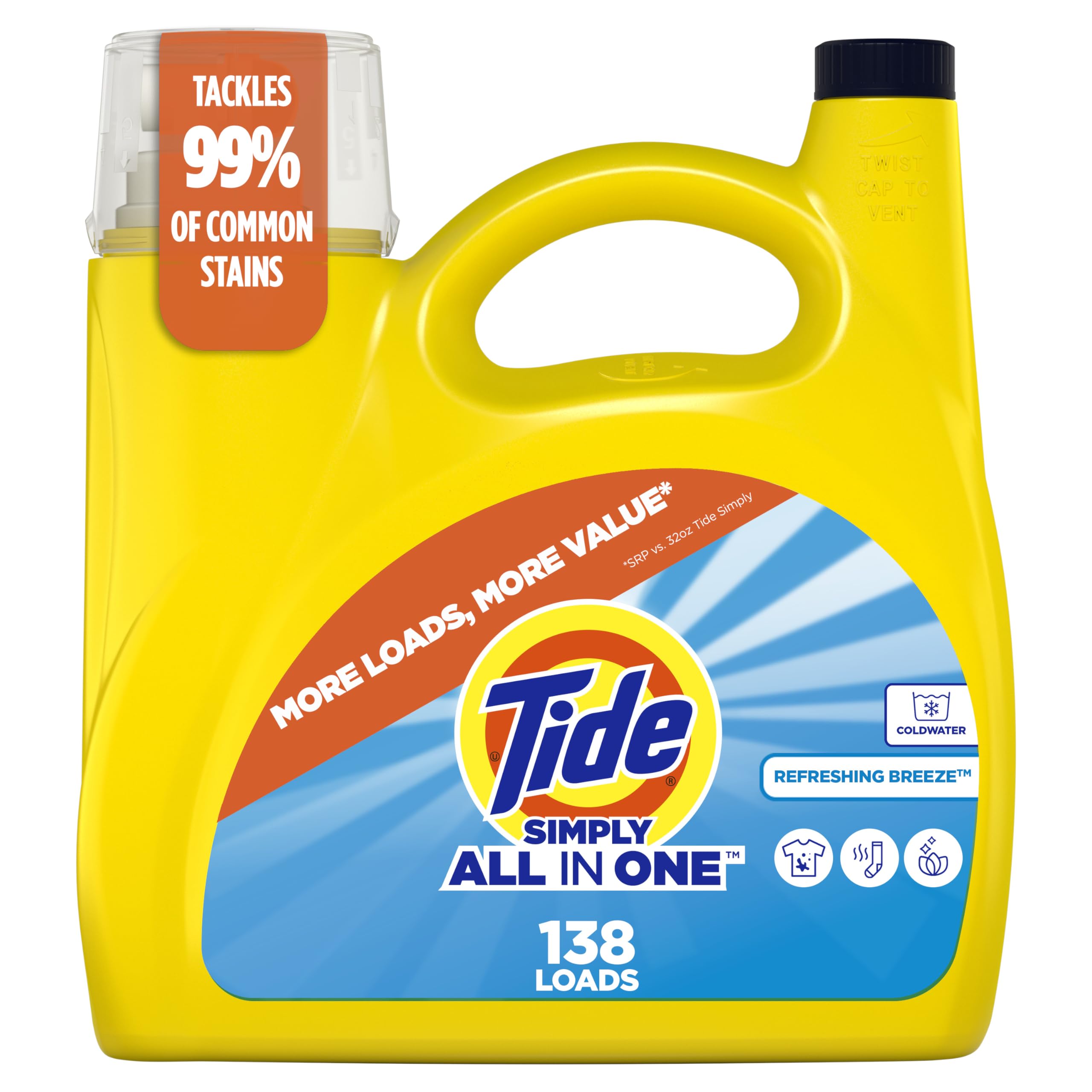 Tide Simply All-In-One liquid detergent bottle with refreshing breeze scent for smooth, clean laundry.
