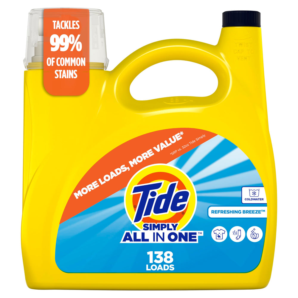 Tide Simply All-In-One liquid detergent bottle with refreshing breeze scent for smooth, clean laundry.