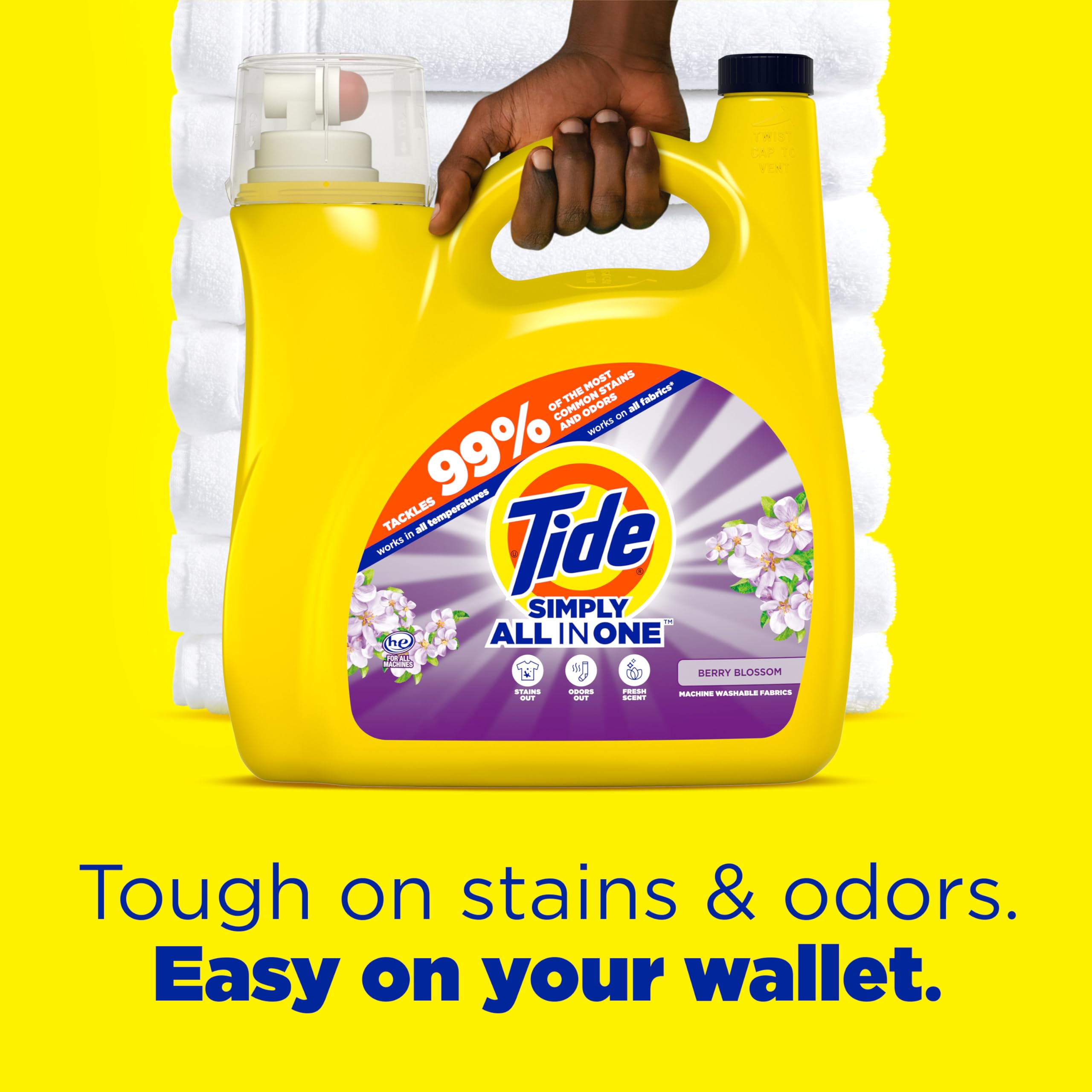 Tide Simply Clean & Fresh Berry Blossom pour bottle showing easy measuring and pouring