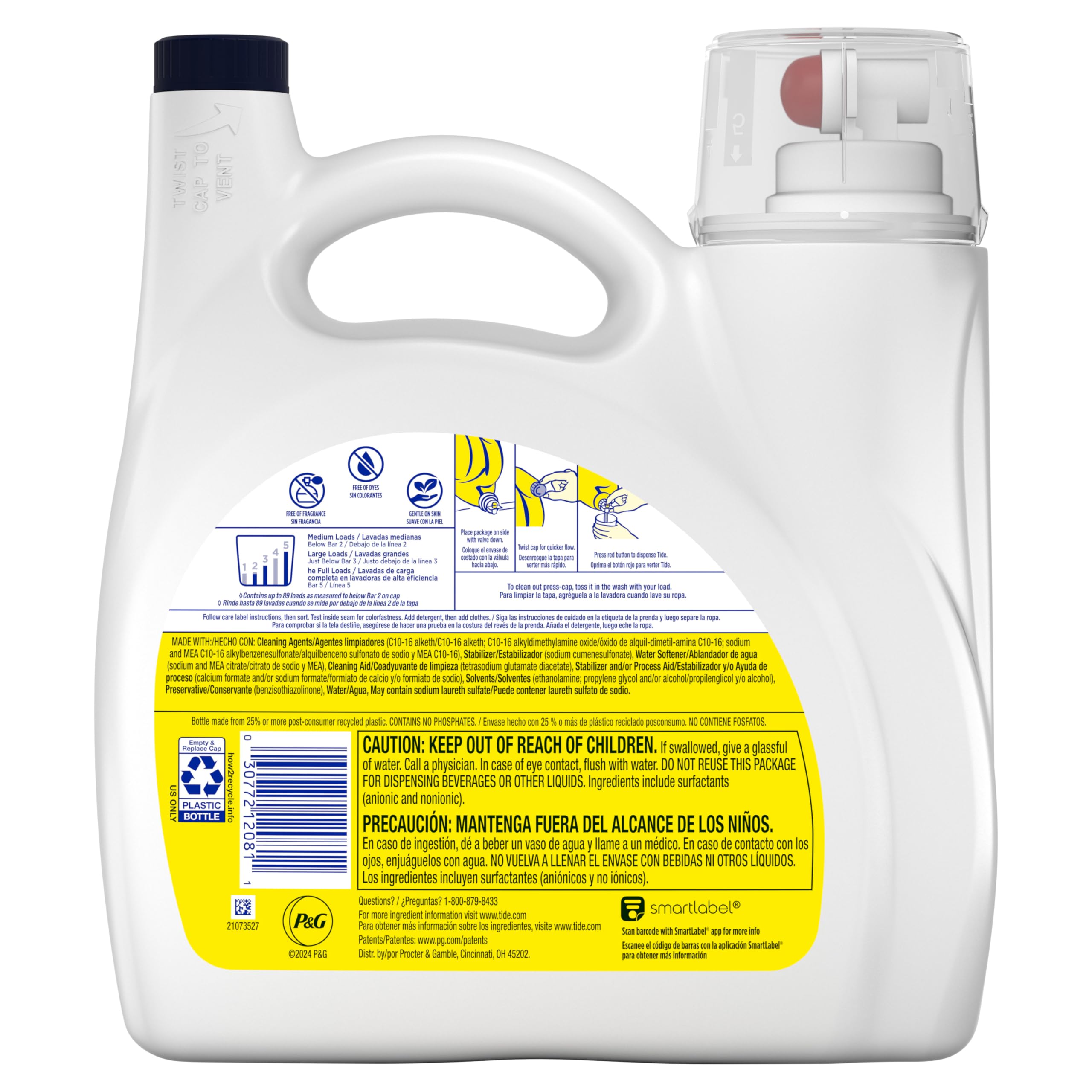 Tide Simply Free & Sensitive bottle indicating 89 loads capacity.