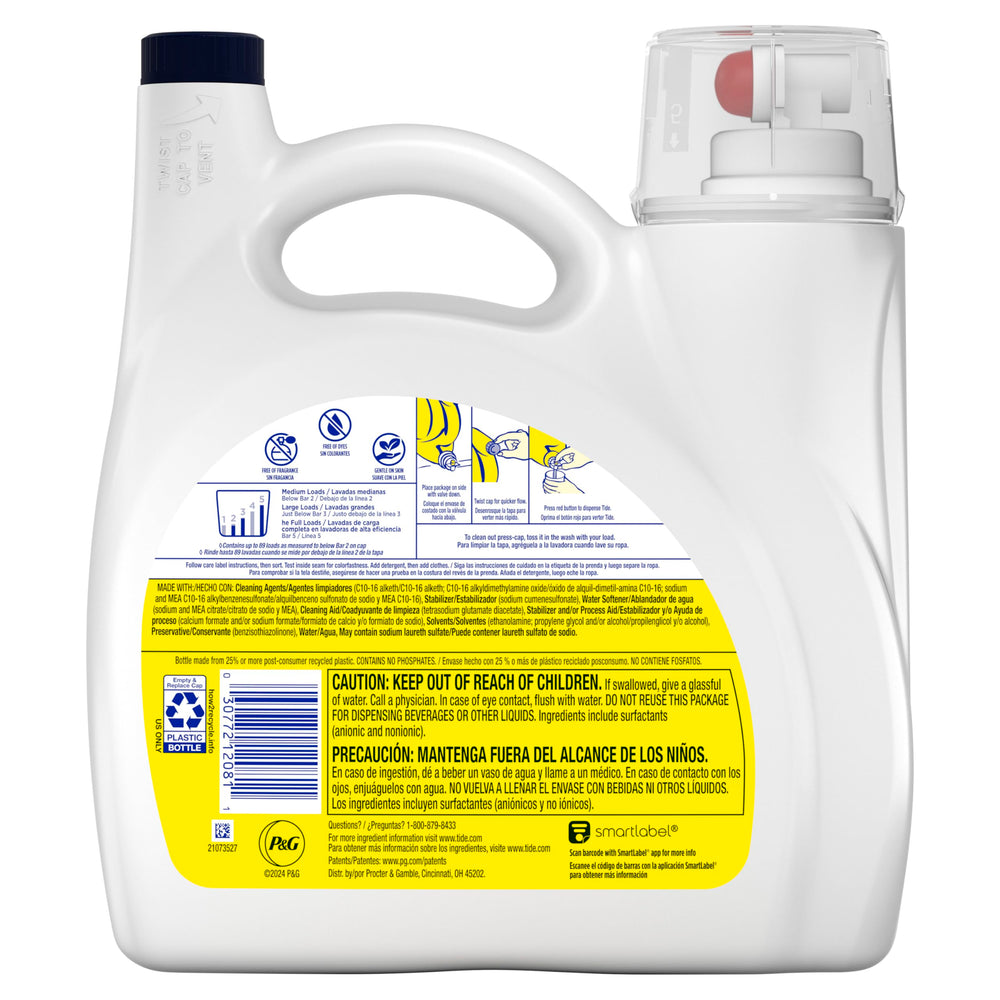 Tide Simply Free & Sensitive bottle indicating 89 loads capacity.