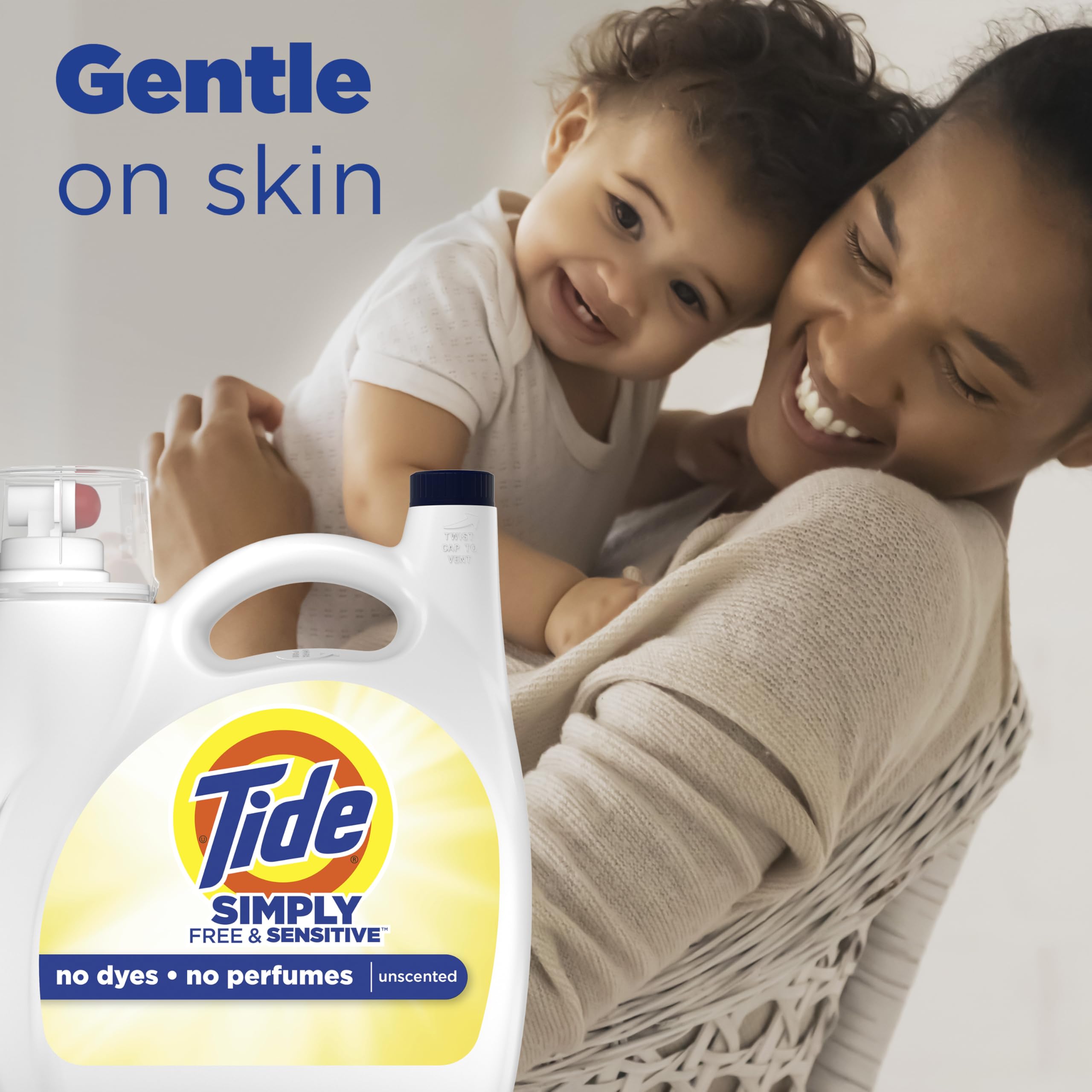 Tide Simply Free & Sensitive label close-up shows no dyes or perfumes.