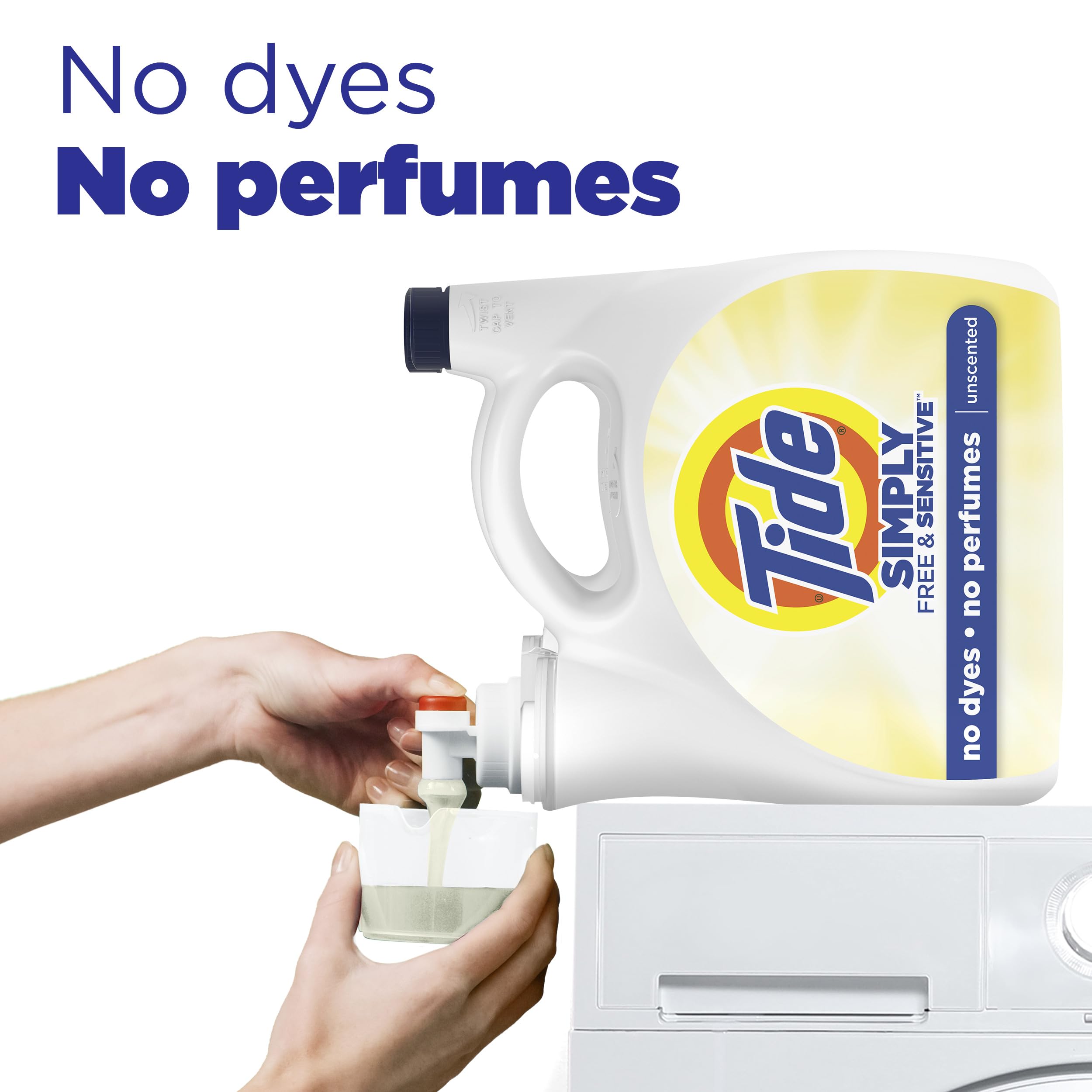 Tide Simply Free & Sensitive measuring cap demonstrates easy dosage.