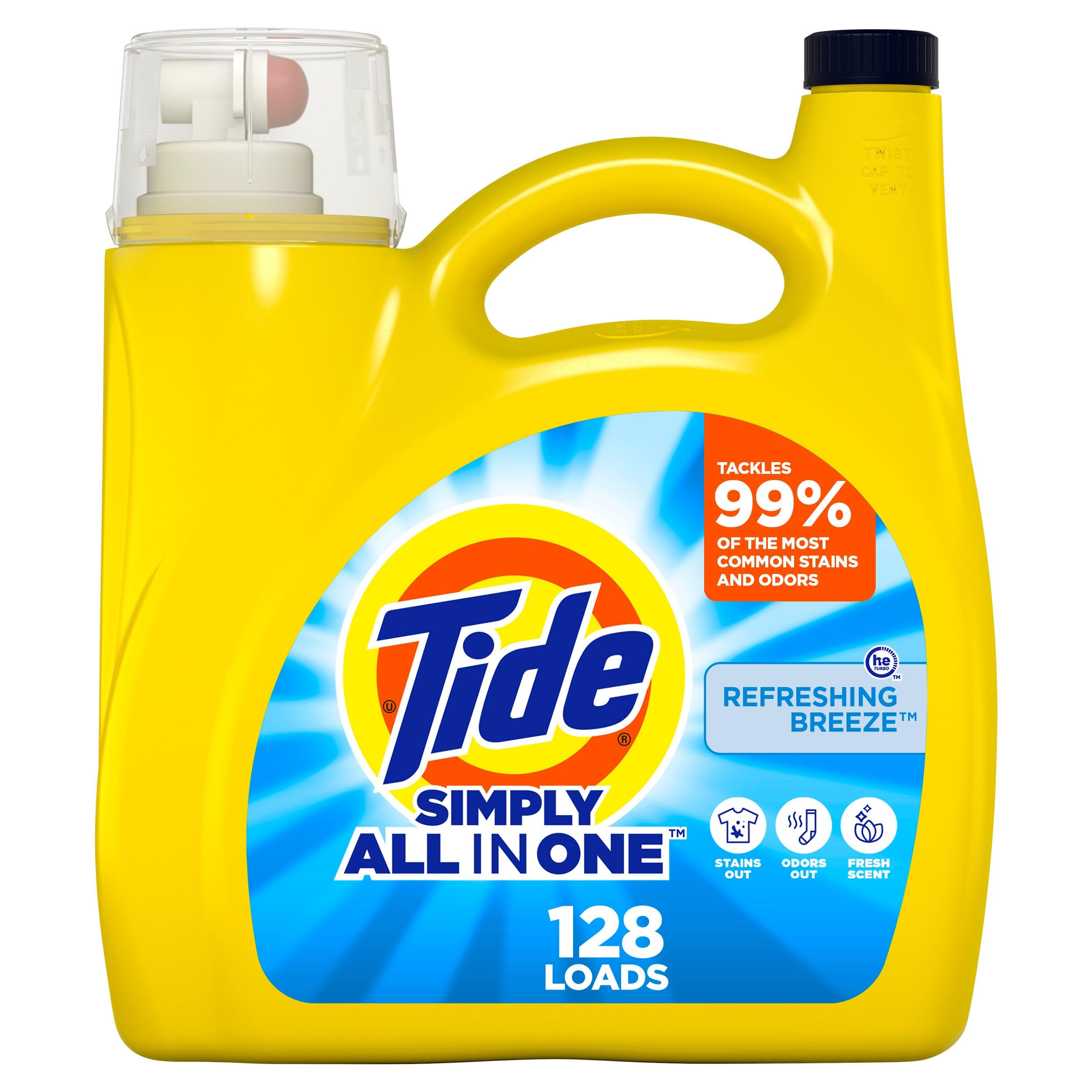 Tide Simply Refreshing Breeze bottle pouring for a stain-fighting wash