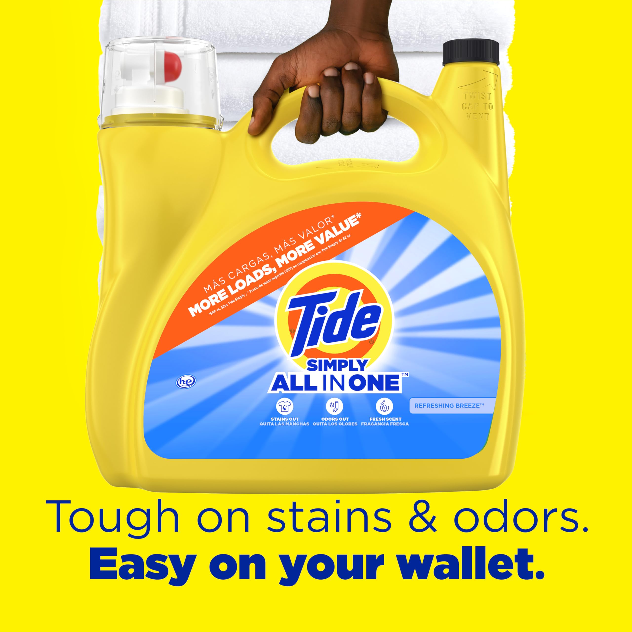 Tide Simply pour shot showing easy dosing and refreshing breeze scent.