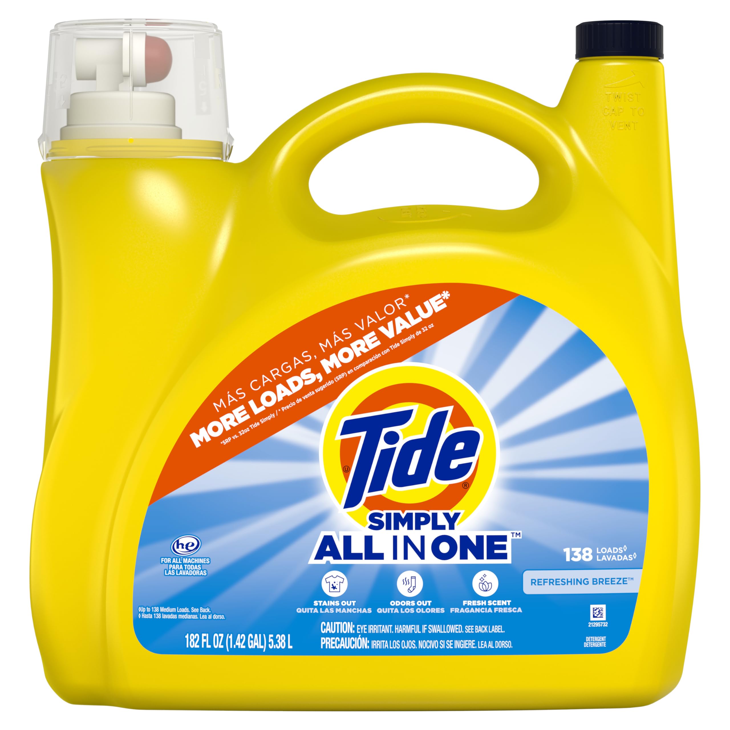 Tide Simply liquid detergent in wash drum signals strong cleaning for fabrics.