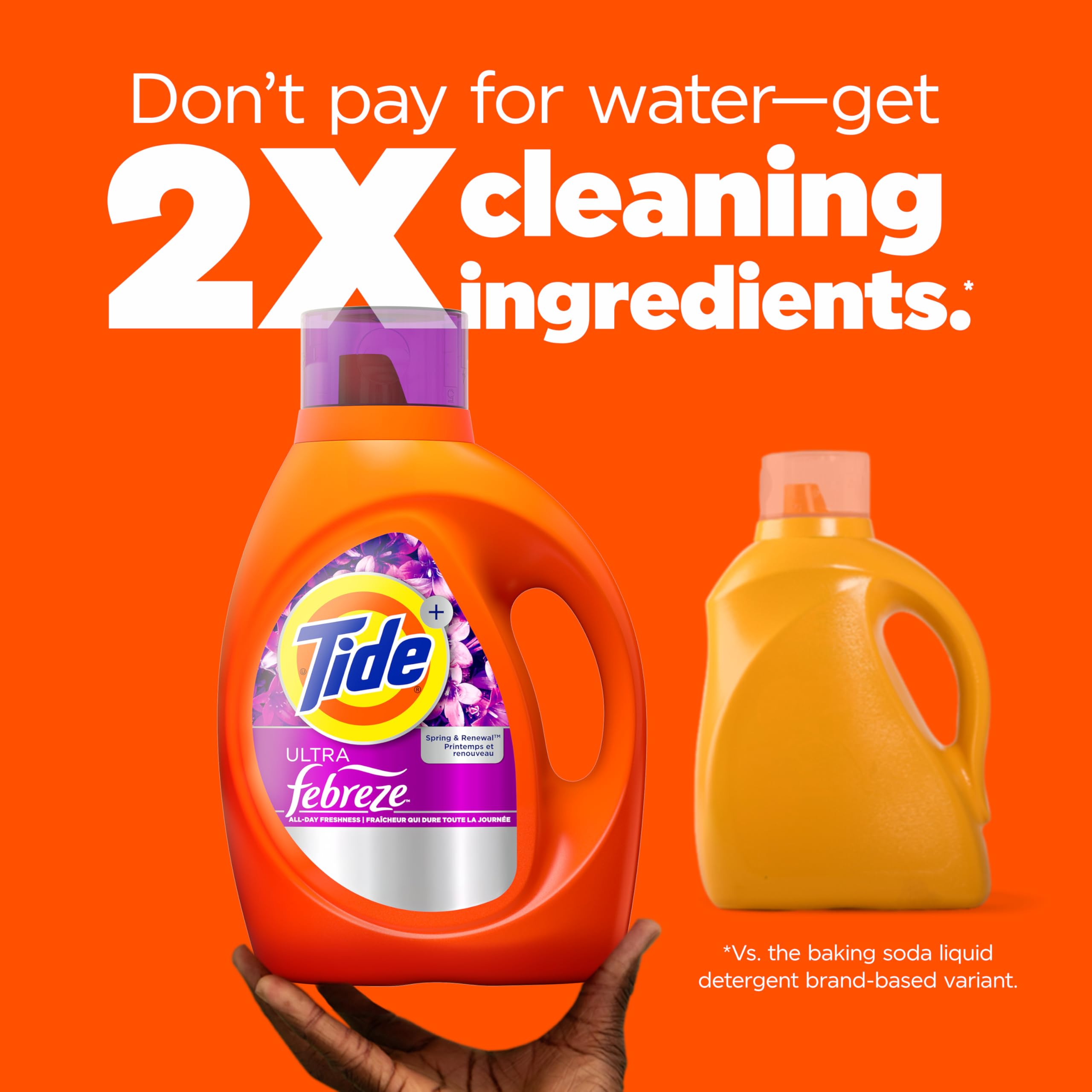Tide Ultra Febreze 92 oz bottle highlights 65 loads and lasting freshness