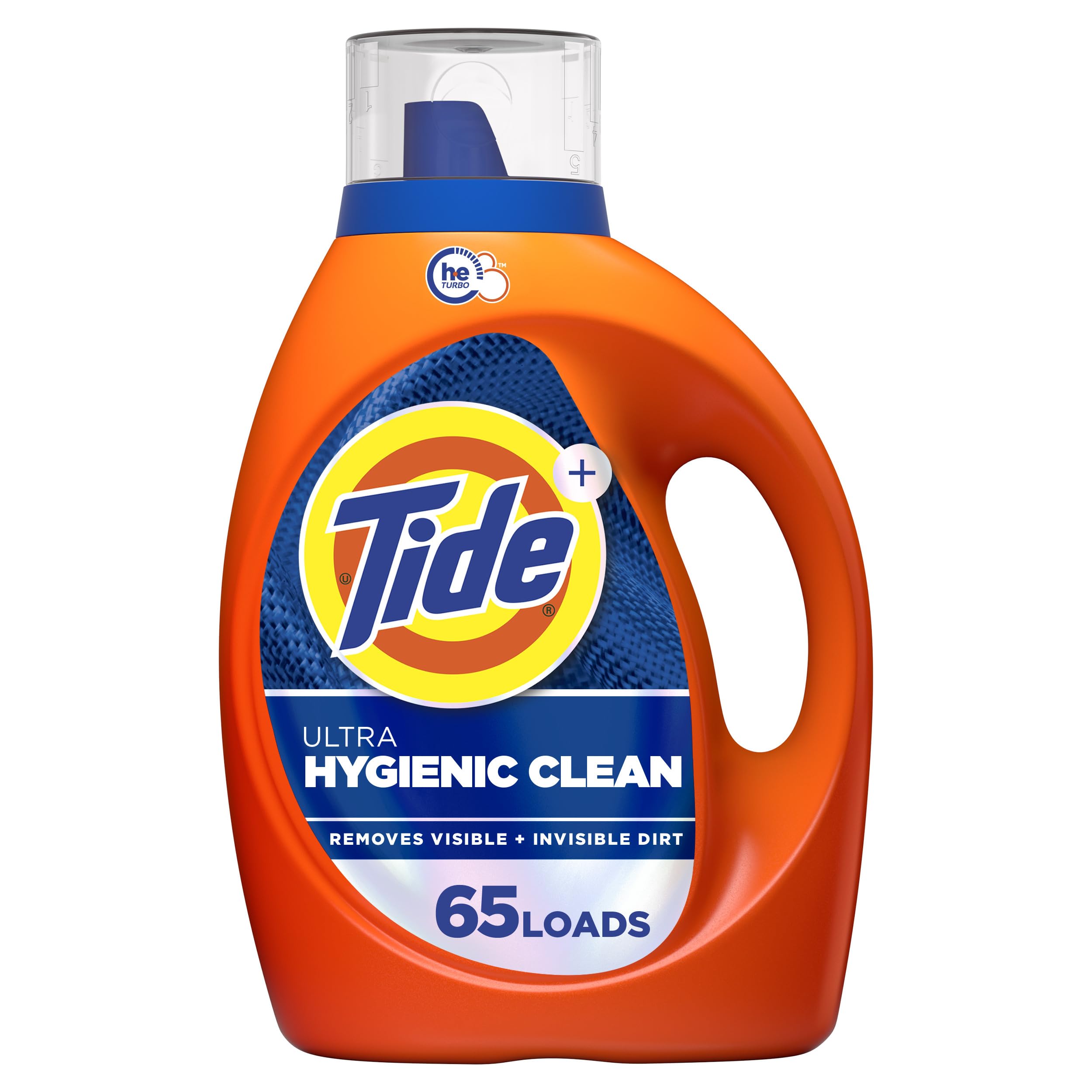 Tide Ultra Hygienic Clean bottle pour demonstrates deep cleaning for visible and invisible dirt