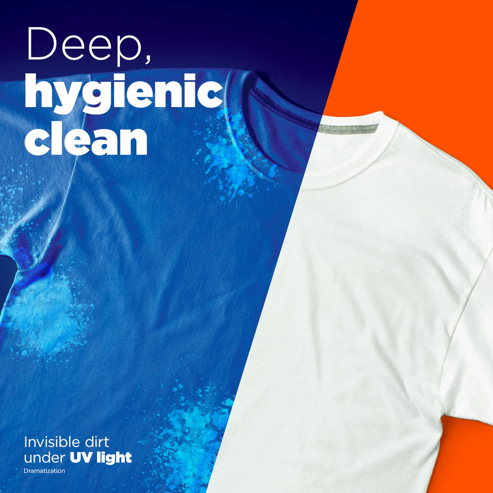 Dirty laundry before washing highlights Tide's cleaning potential.