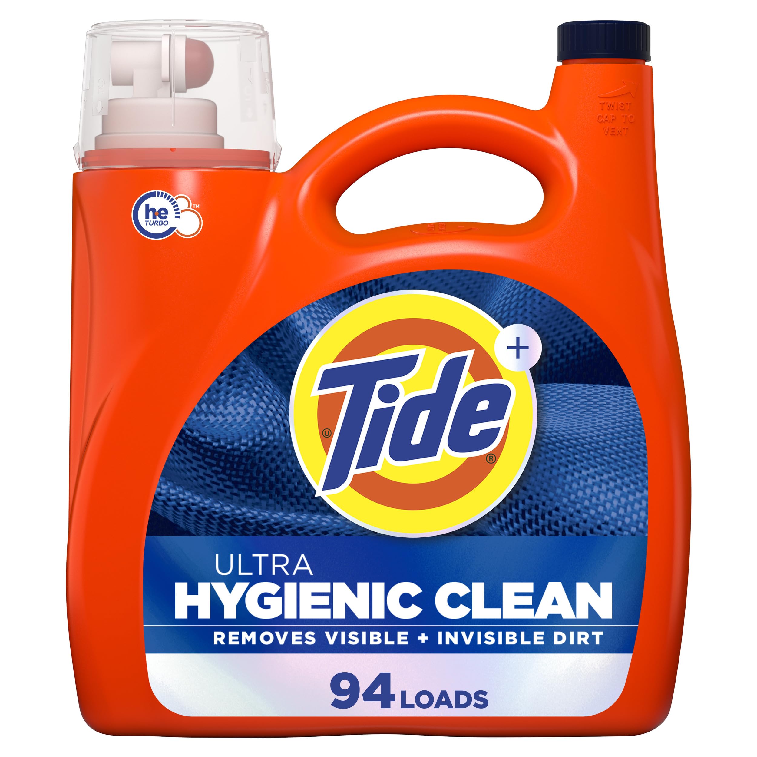 Tide Ultra Hygienic Clean bottle being poured for deep cleaning results.