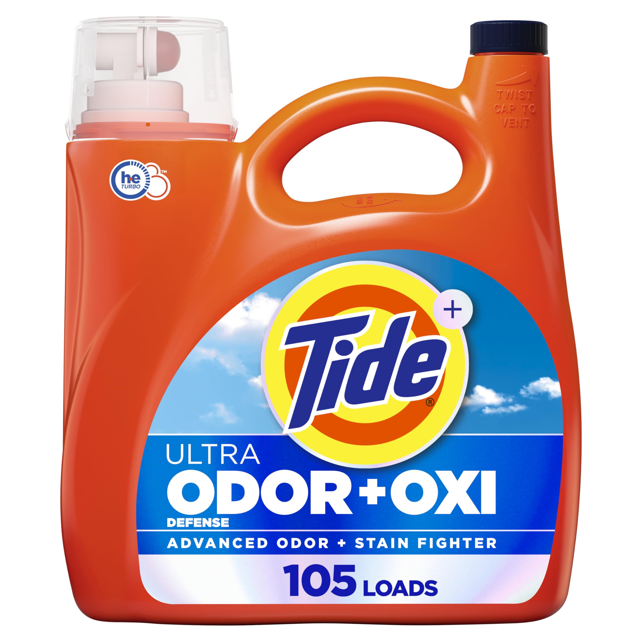 Tide Ultra Odor Defense Plus Oxi liquid bottle shows the large 148 oz size.