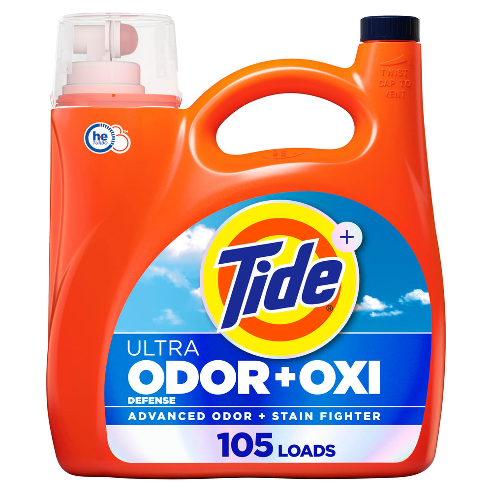 Tide Ultra Odor Defense Plus Oxi liquid bottle shows the large 148 oz size.