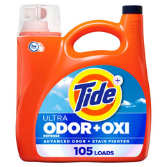 Tide Ultra Odor Defense Plus Oxi liquid bottle shows the large 148 oz size.