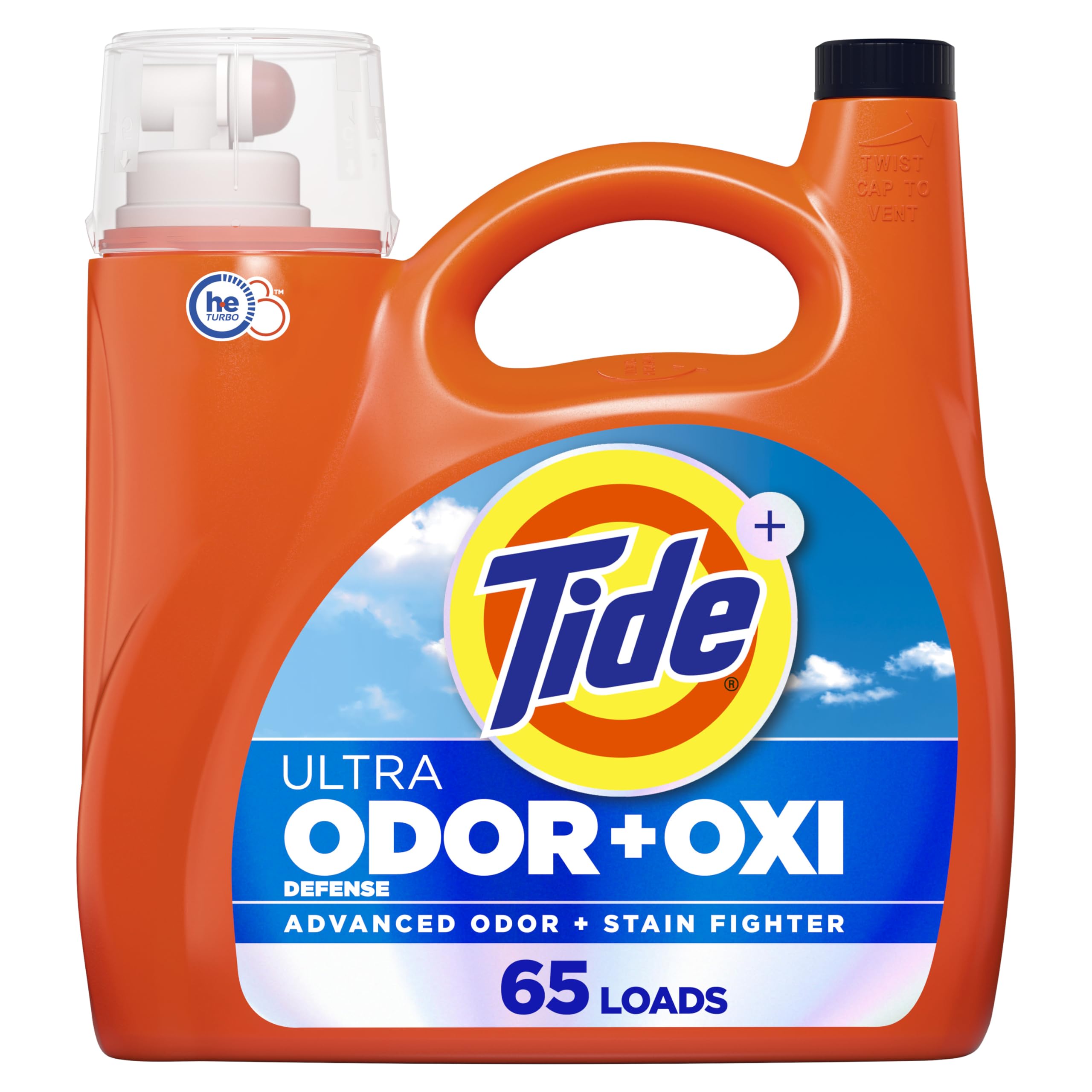 Tide Ultra Odor Defense Plus Oxi bottle demonstrates strong odor and stain fighting.