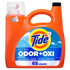 Tide Ultra Odor Defense Plus Oxi bottle demonstrates strong odor and stain fighting.