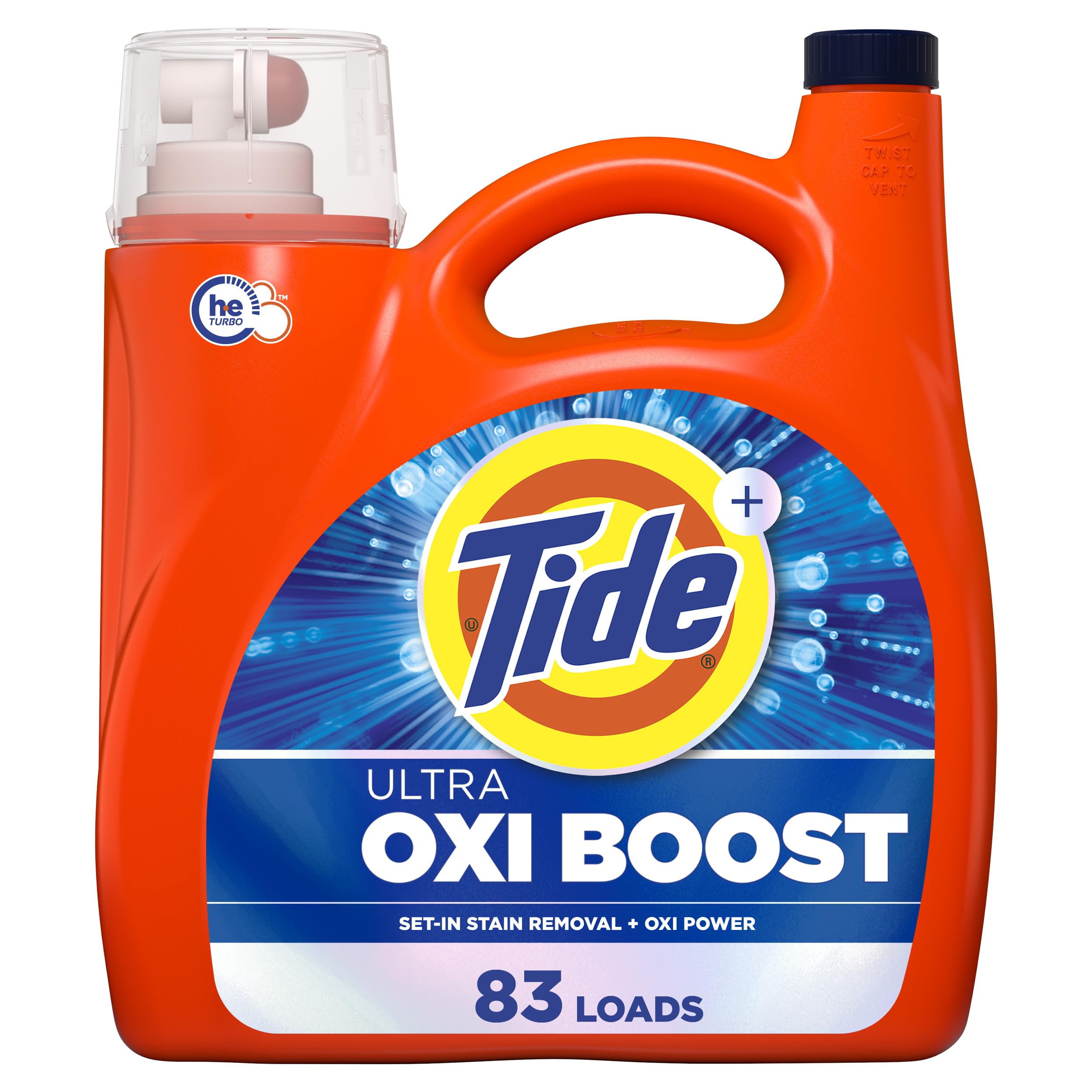 Tide Ultra Oxi Boost bottle cap pour eases measuring for effective stain removal in regular loads.