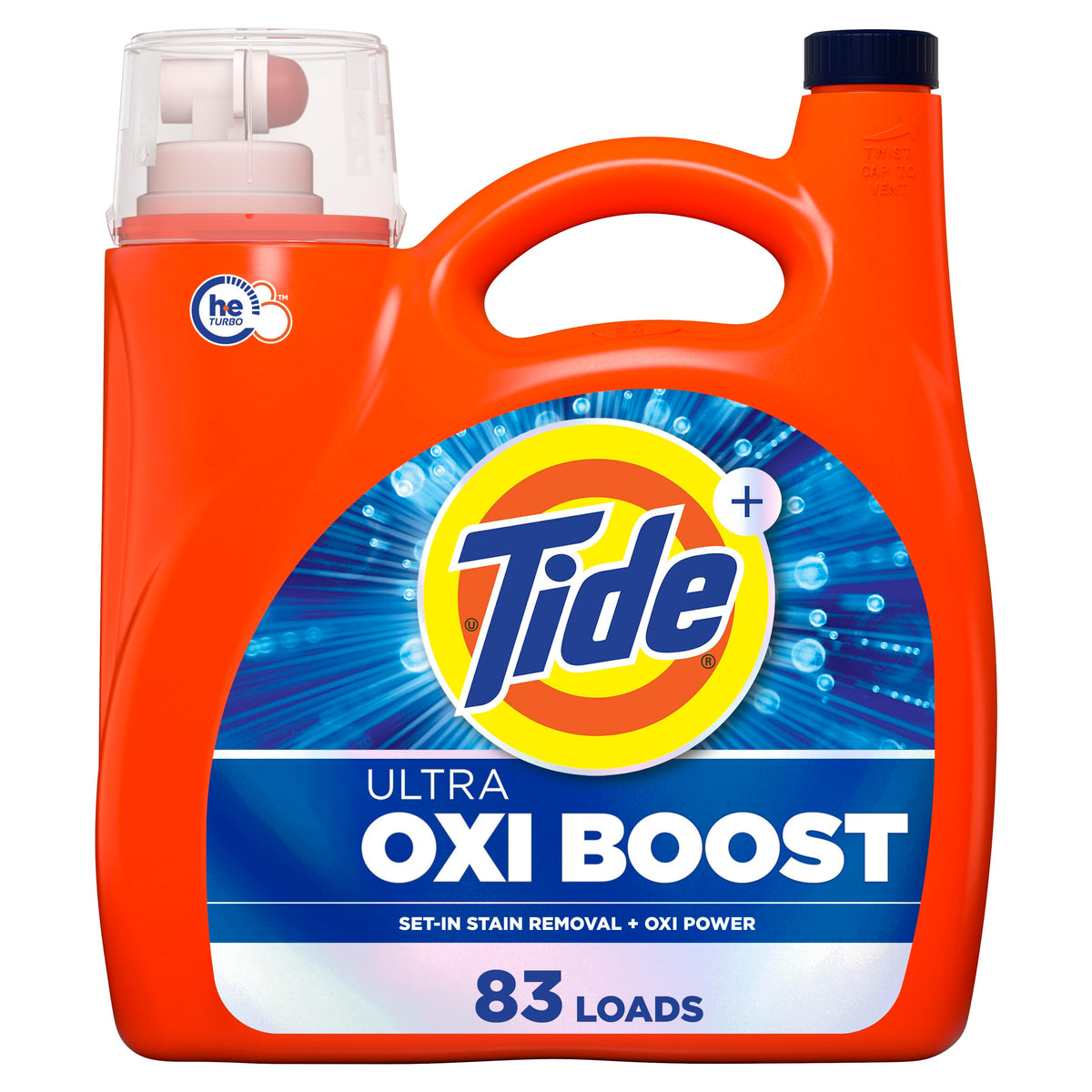 Tide Ultra Oxi Boost bottle cap pour eases measuring for effective stain removal in regular loads.