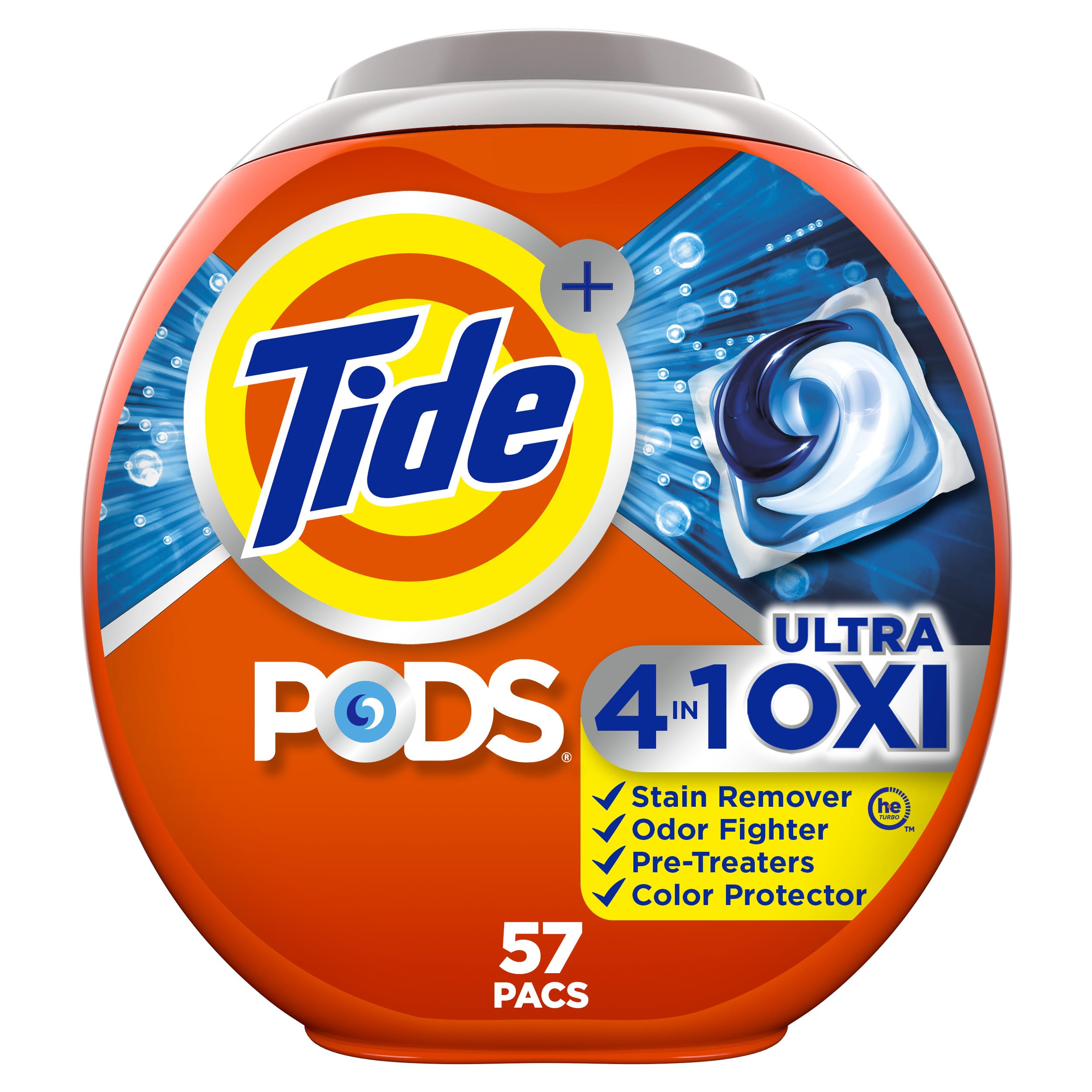 Tide Ultra Oxi PODS closeup pack showing convenient laundry pods for easy dosing.
