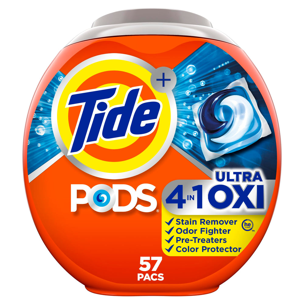 Tide Ultra Oxi PODS closeup pack showing convenient laundry pods for easy dosing.