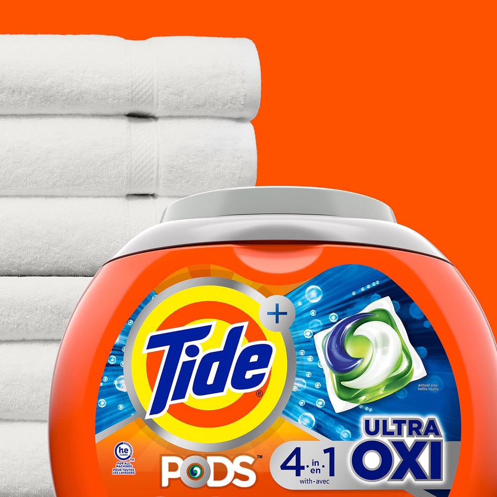 Tide Ultra Oxi PODS in a high-efficiency machine show compatibility and compact dosing.