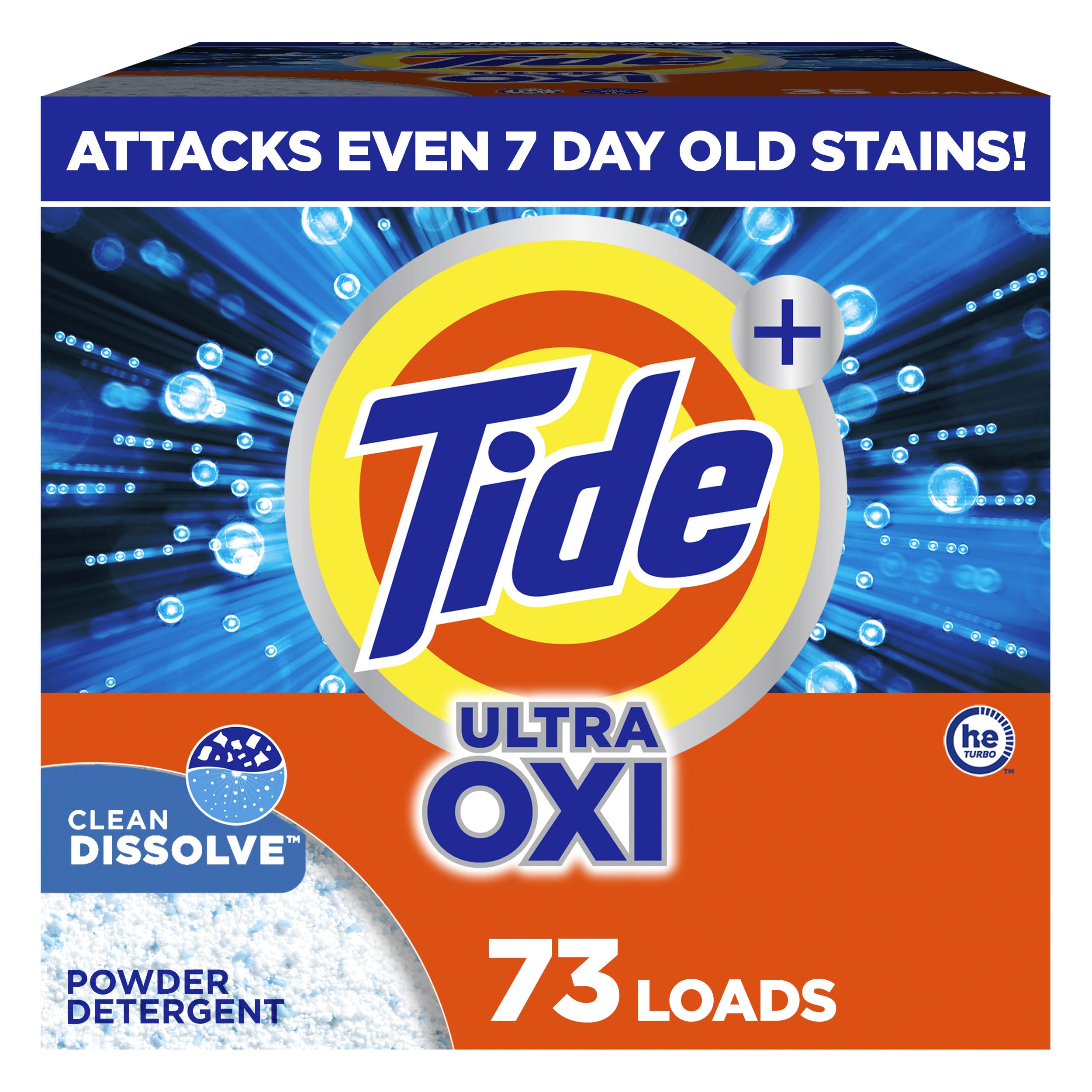 Tide Ultra OXI Powder Detergent packaging shows color-safe cleaning benefits for brights