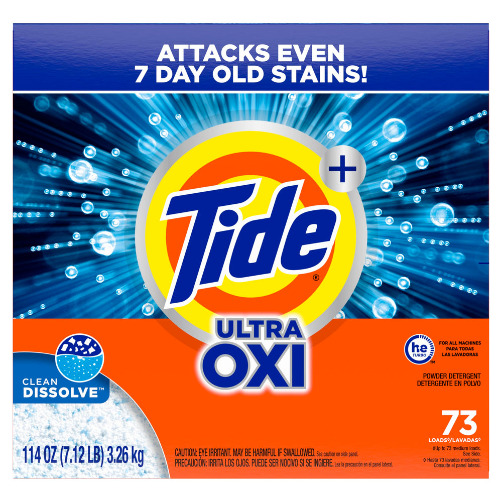 Tide Ultra OXI powder packaging highlighting eco-friendly aspects