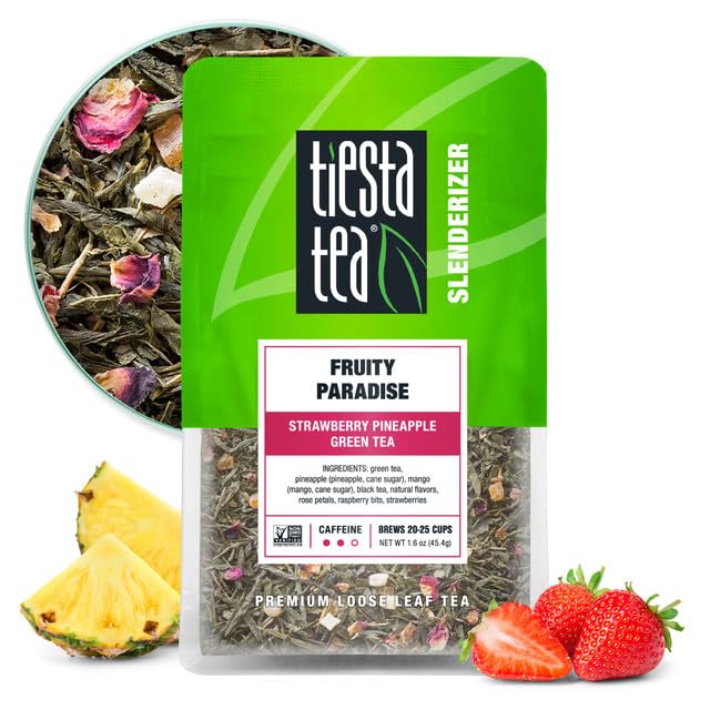 Tiesta Tea Fruity Paradise strawberry-pineapple green tea close-up; bright tropical flavor for iced or hot