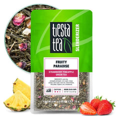 Tiesta Tea Fruity Paradise strawberry-pineapple green tea close-up; bright tropical flavor for iced or hot