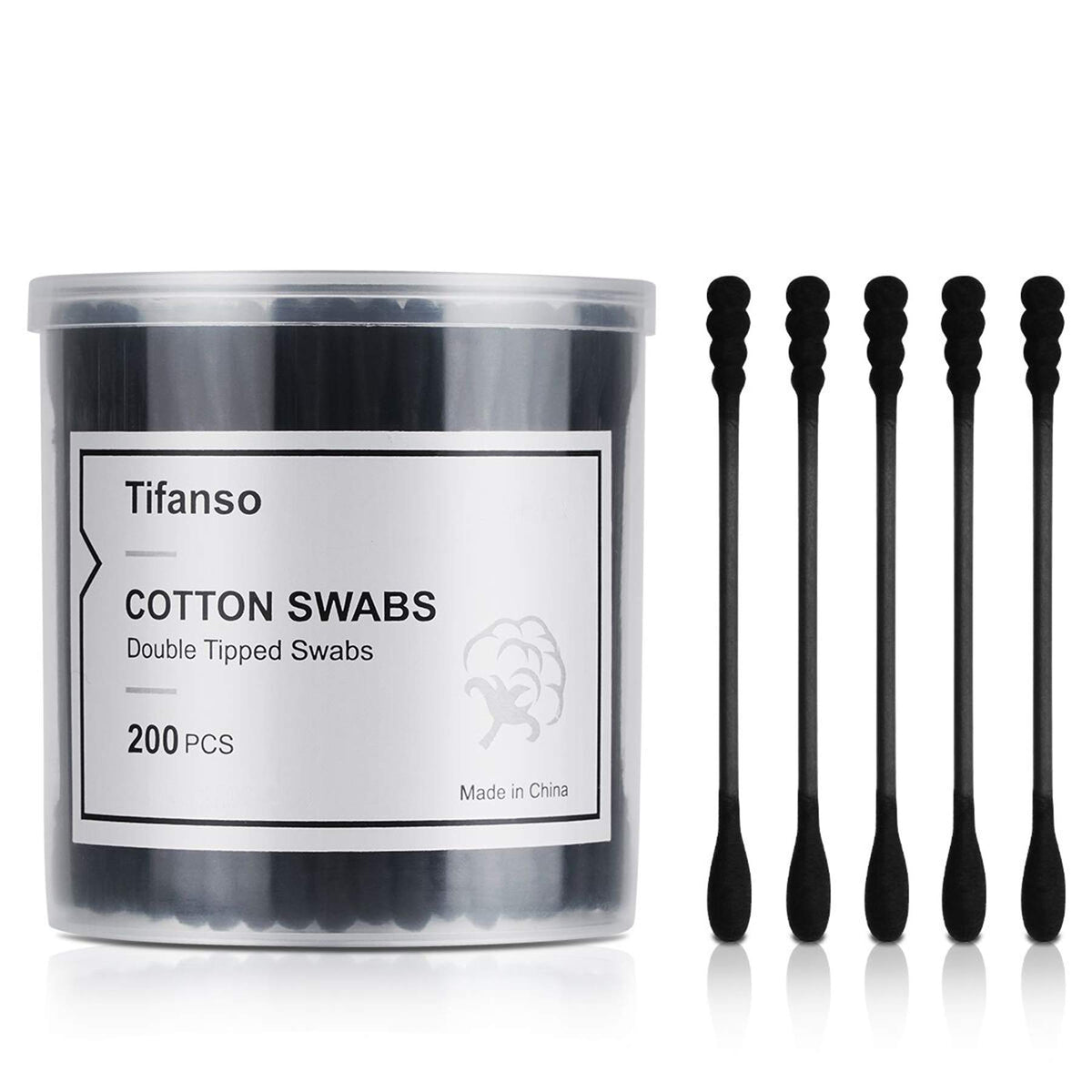Tifanso 200-count black cotton swabs pack shot highlighting eco-friendly design and tight tips.