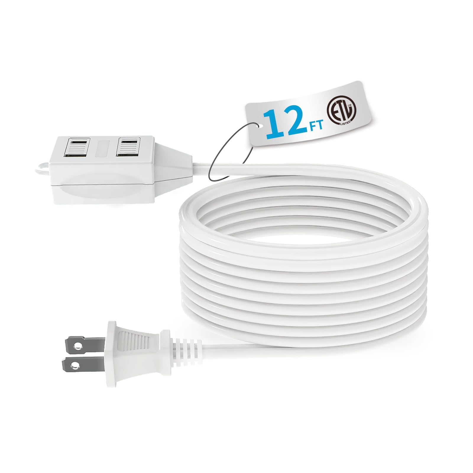 Tiffcofio 12ft indoor extension cord with three outlets for flexible setup.