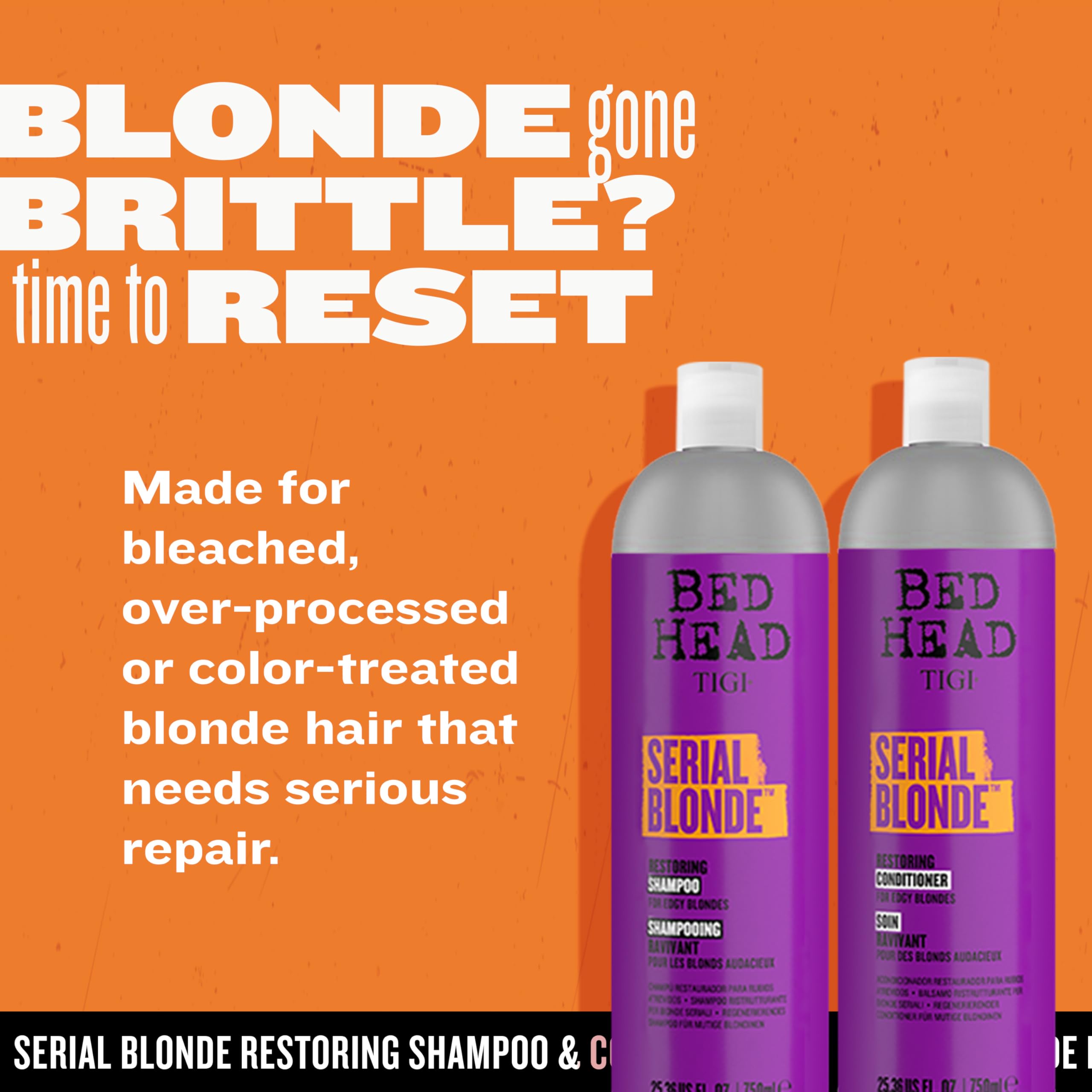 Closeup of Serial Blonde restoring conditioner bottle highlighting its shine.