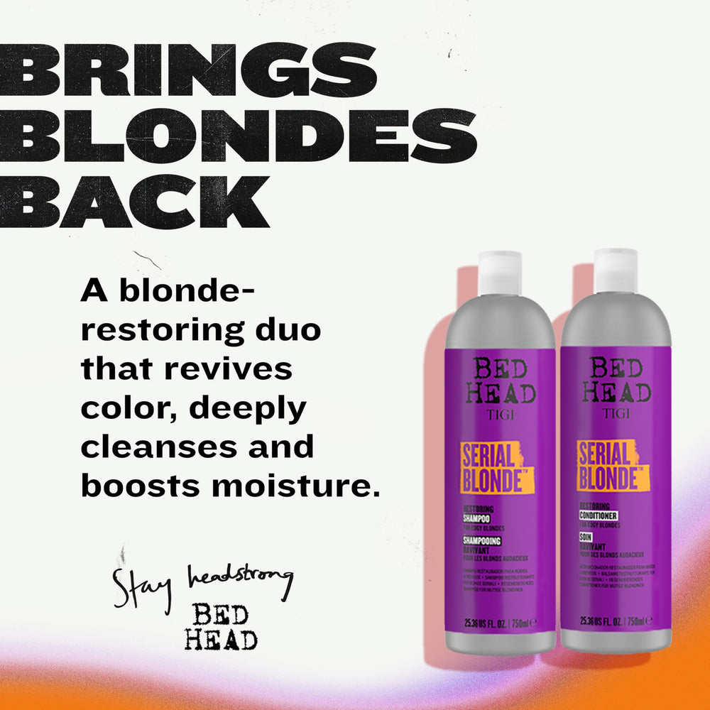 Closeup of TIGI Bed Head Serial Blonde restoring shampoo bottle with label.