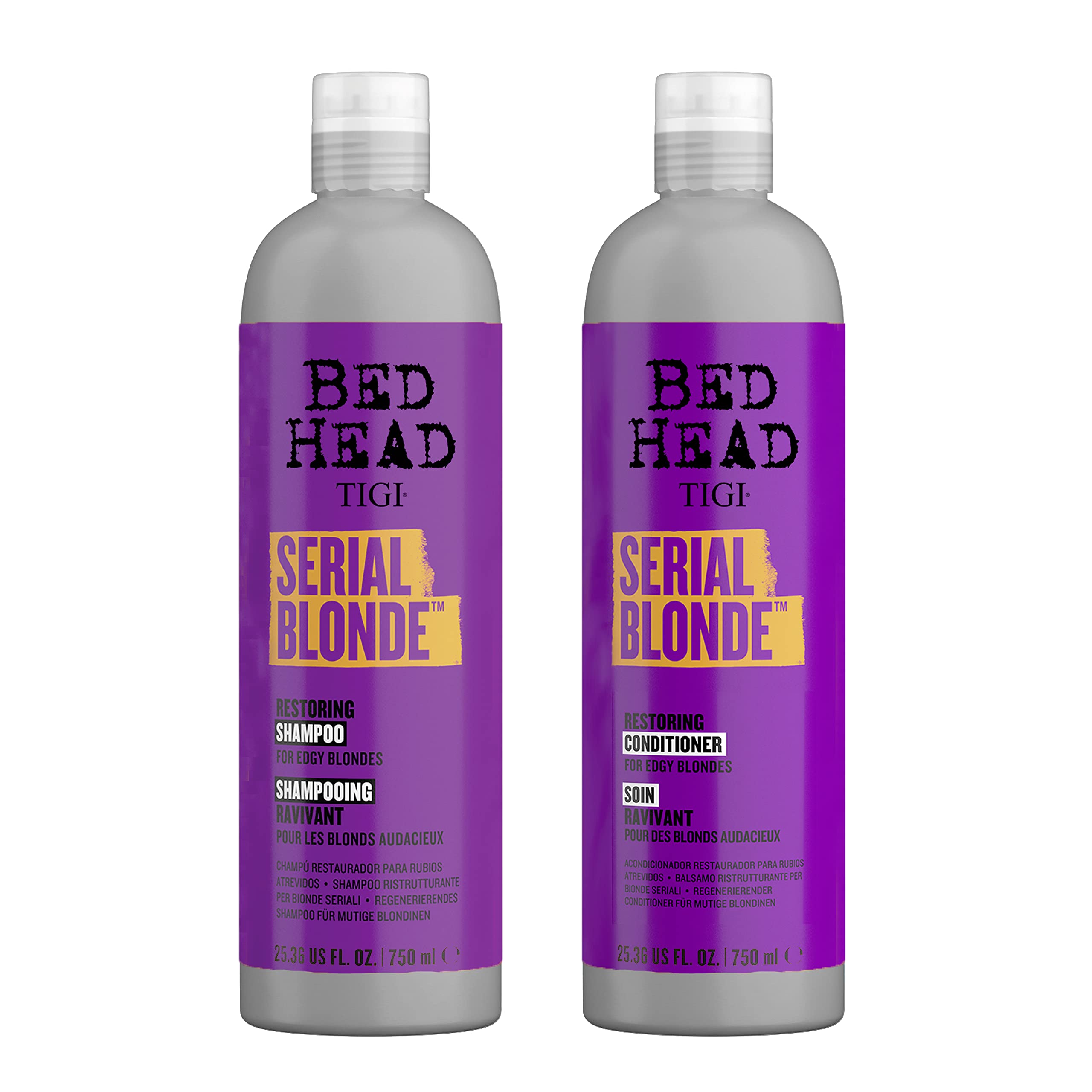 TIGI Bed Head Serial Blonde restoring shampoo bottle strengthens damaged blonde hair.