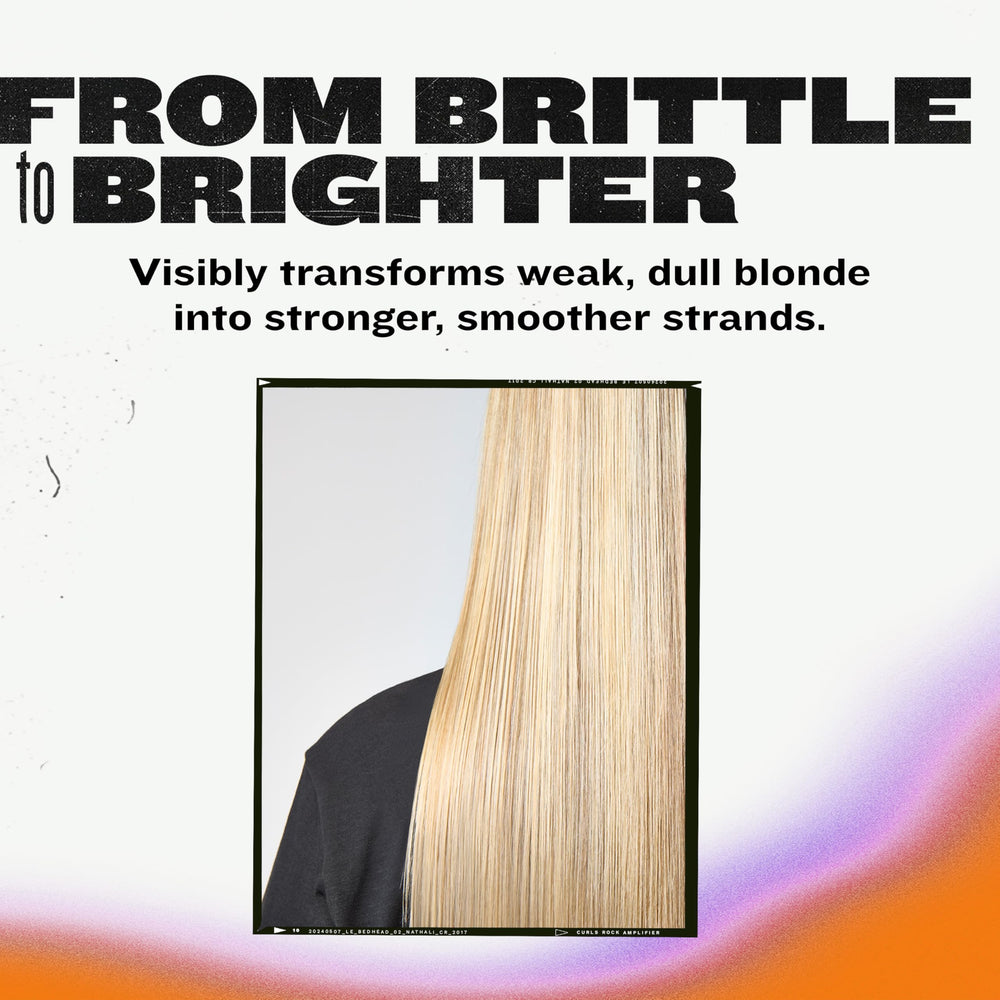 Shower-ready setup shows Serial Blonde products on a bathroom shelf.