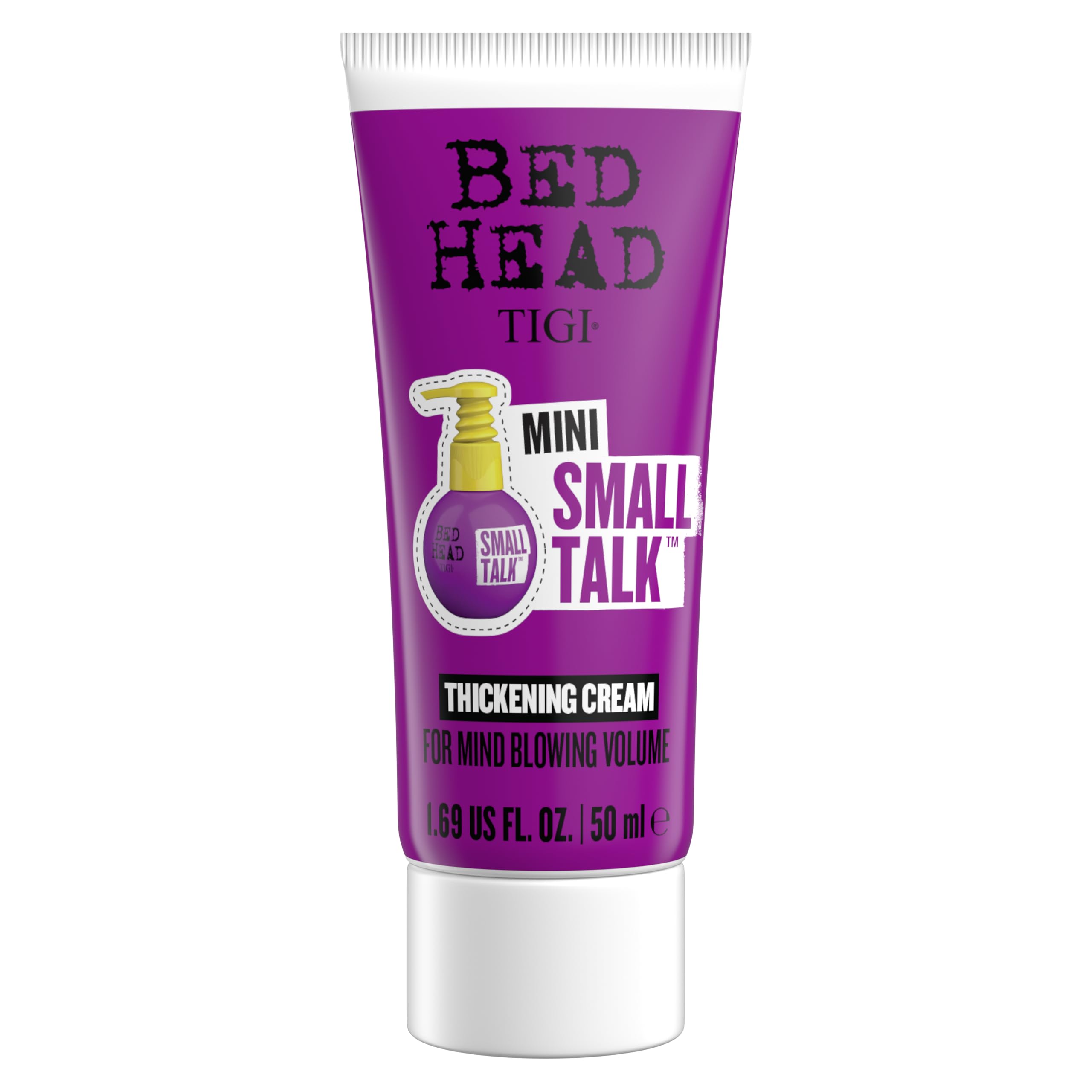 TIGI Bed Head Small Talk Thickening Cream travel-size bottle close-up for on-the-go styling