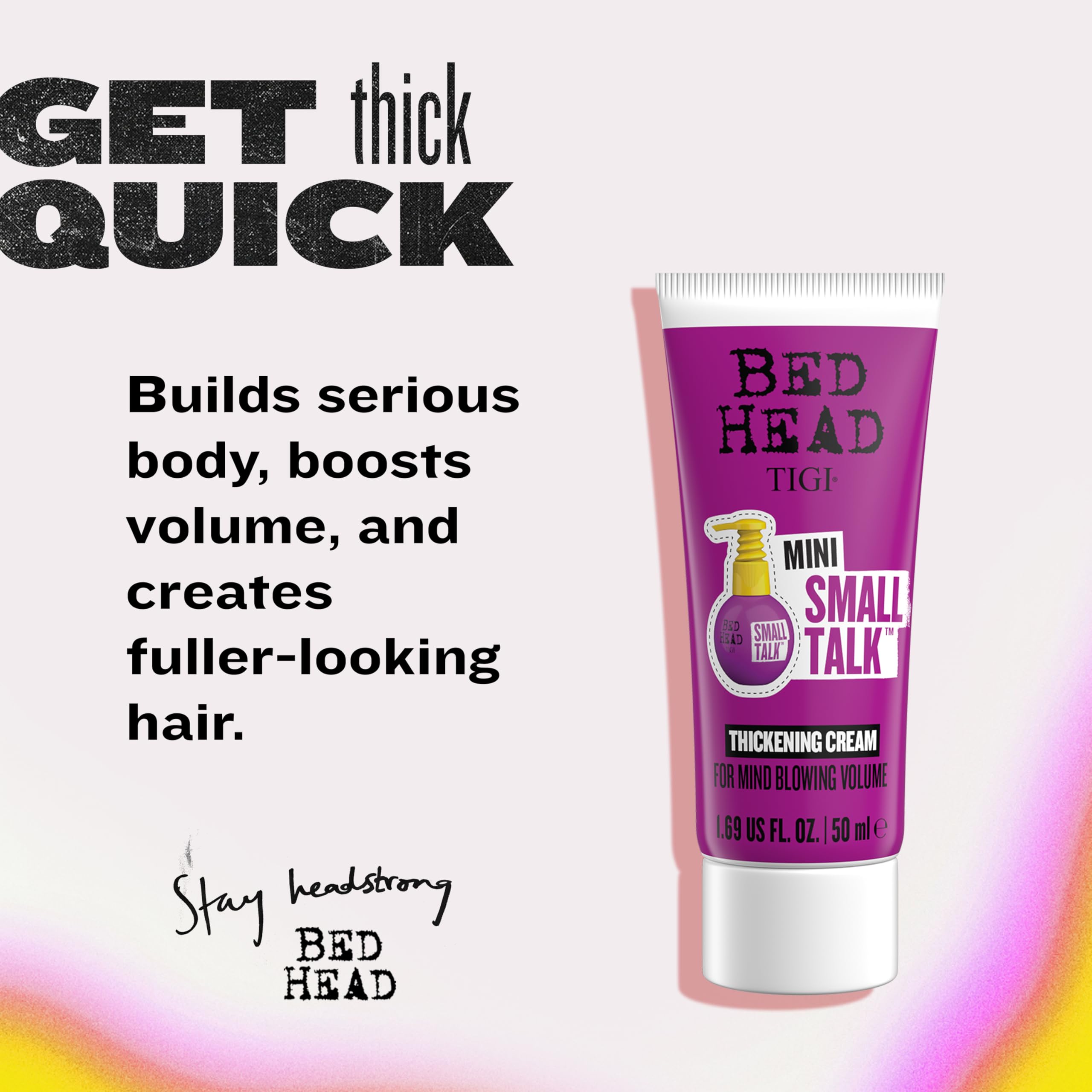 Compact packaging of Bed Head Small Talk Thickening Cream travel-size mini