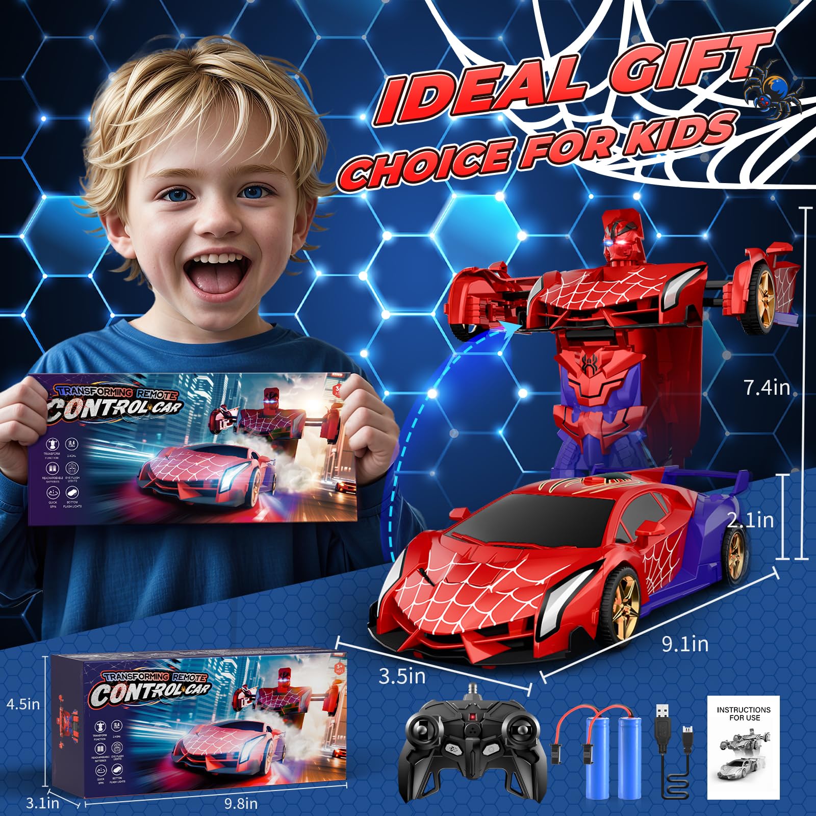 Tikafony Spider Transform RC Car rechargeable batteries extend playtime